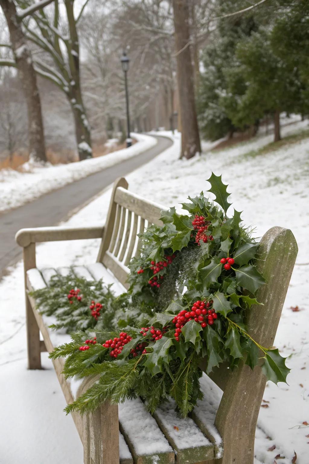 Holly and berries add traditional charm.