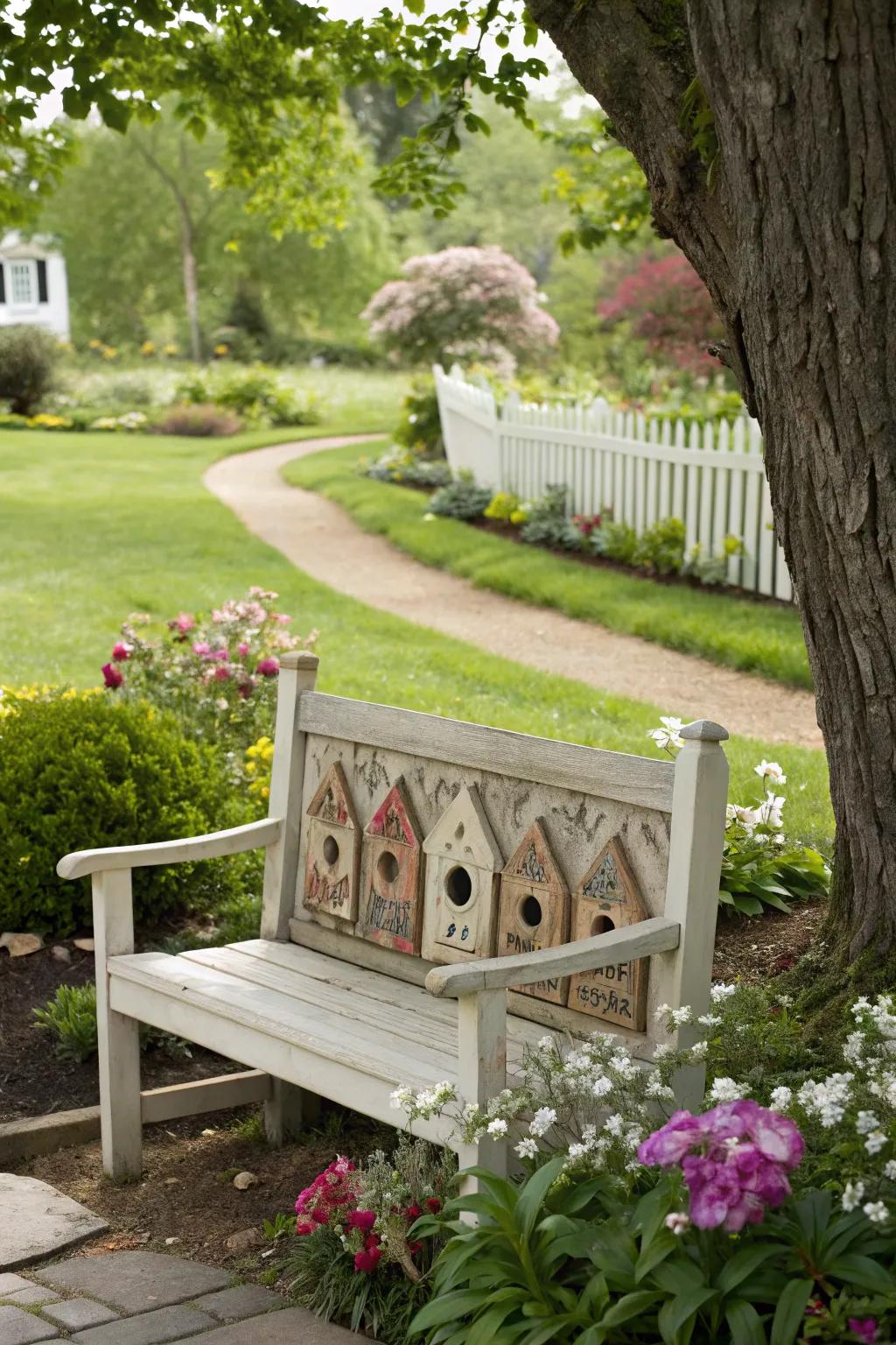 A whimsical bench with birdhouse designs in a charming garden.