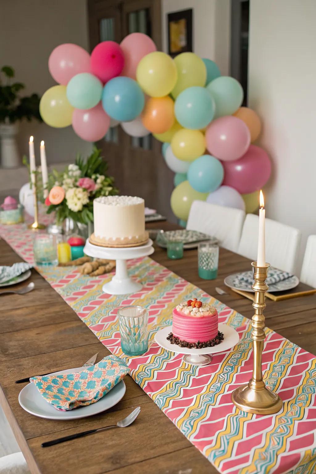 A table runner that adds elegance to an outdoor birthday setup.