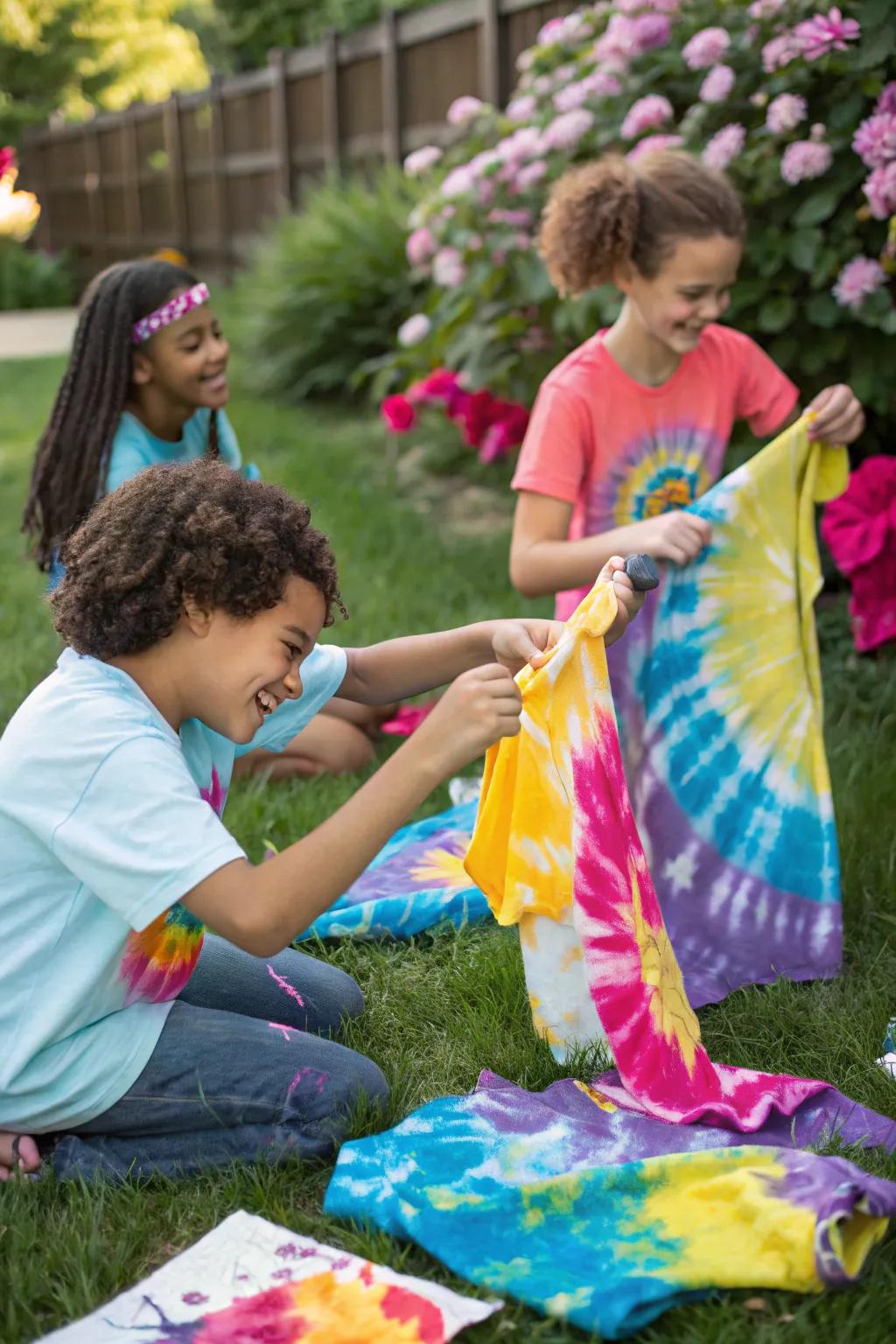 A lively tie-dye station where kids are crafting colorful shirts as party keepsakes.
