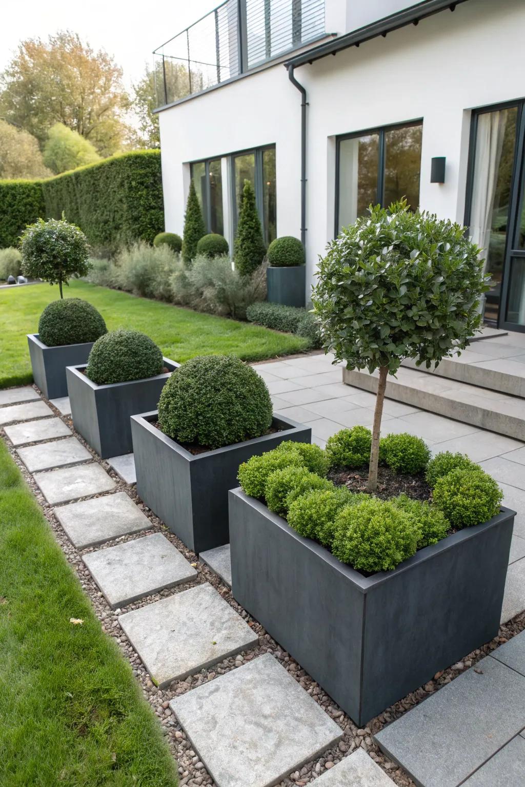 Modernize your space with edgy boxwood planters.
