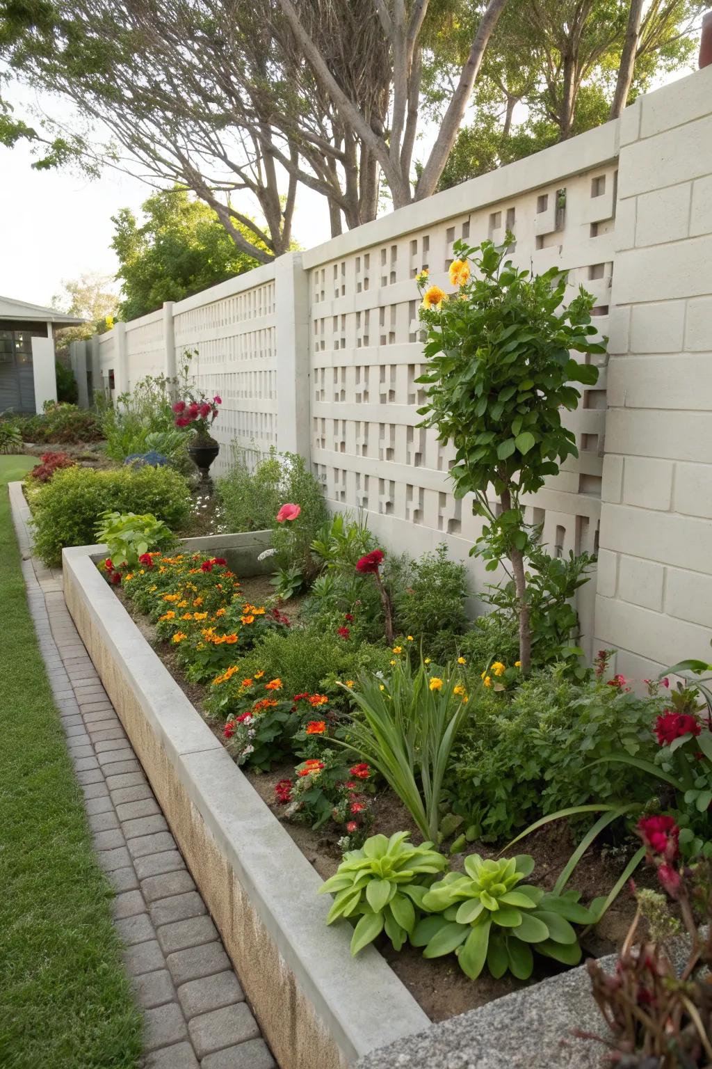 A garden with a breeze block wall serving as a plant backdrop