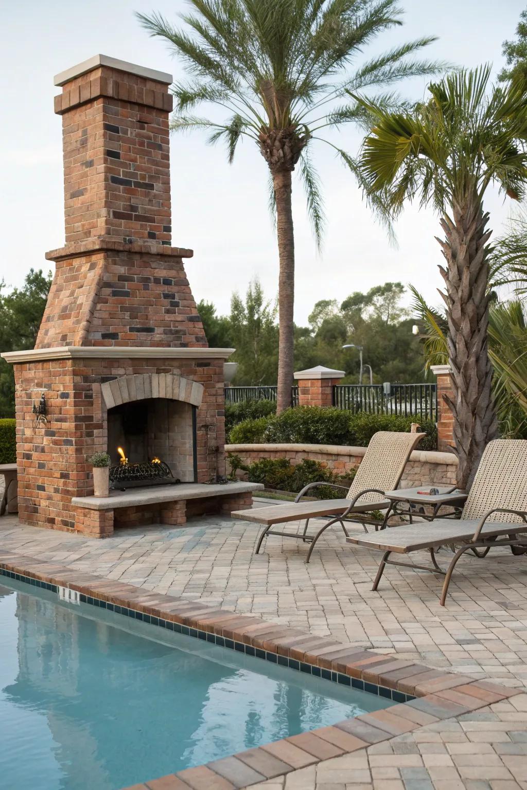 A poolside paradise featuring a warm brick fireplace.