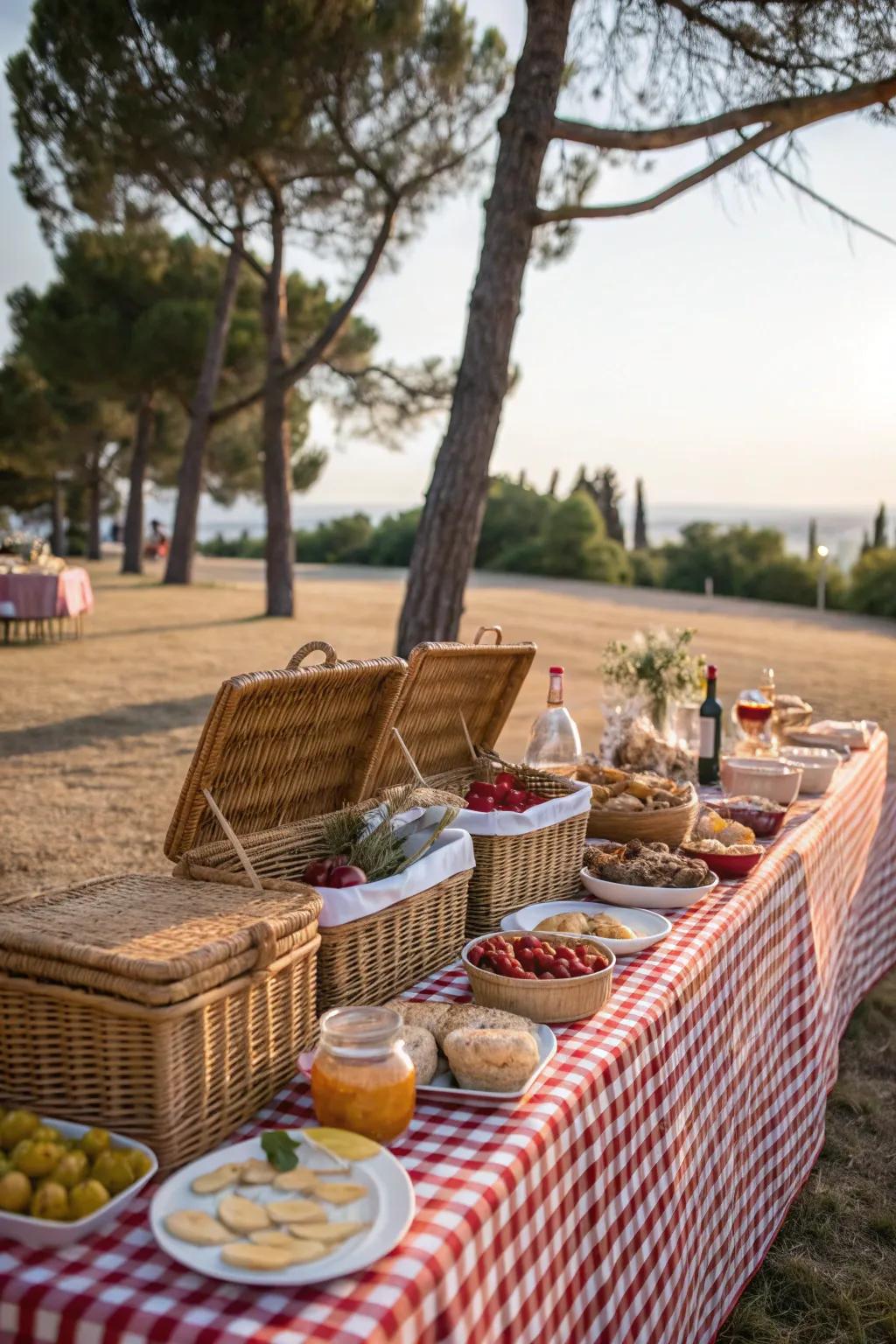 Nostalgic picnic style with checkered cloth.