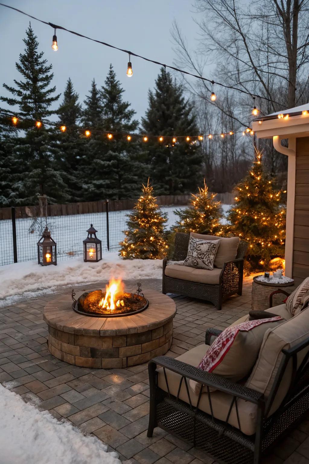 A Christmas-themed fire pit invites cozy gatherings.