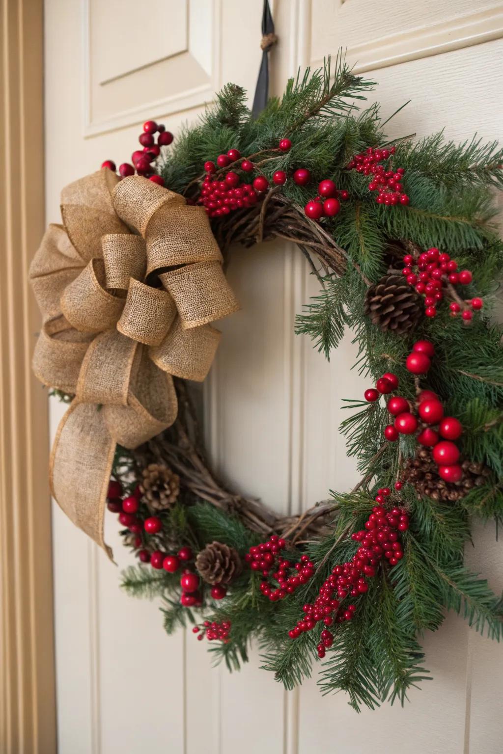 Rustic charm with burlap and berry accents.