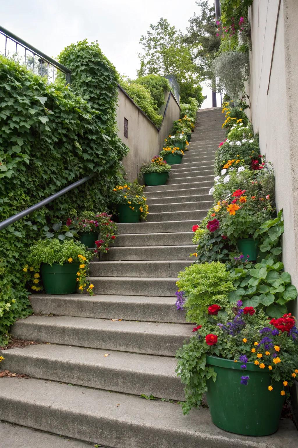 Concrete stairs beautifully adorned with lush green planters.