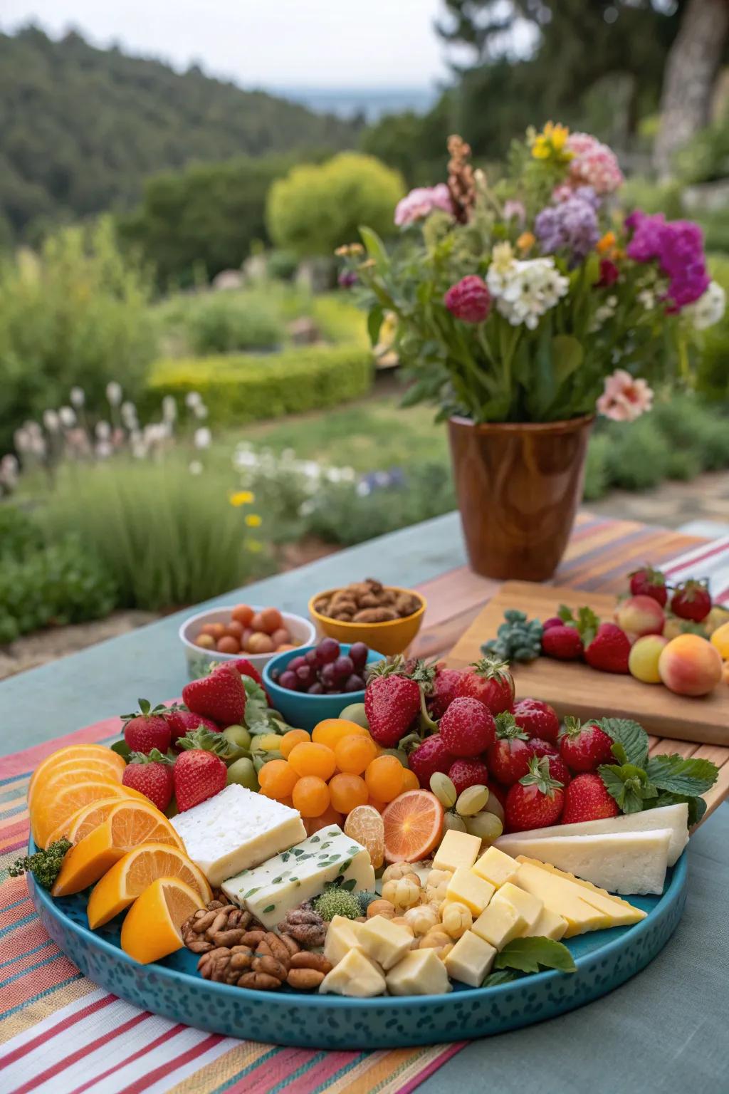 A colorful fruit and cheese platter offers a vibrant and tasty appetizer.