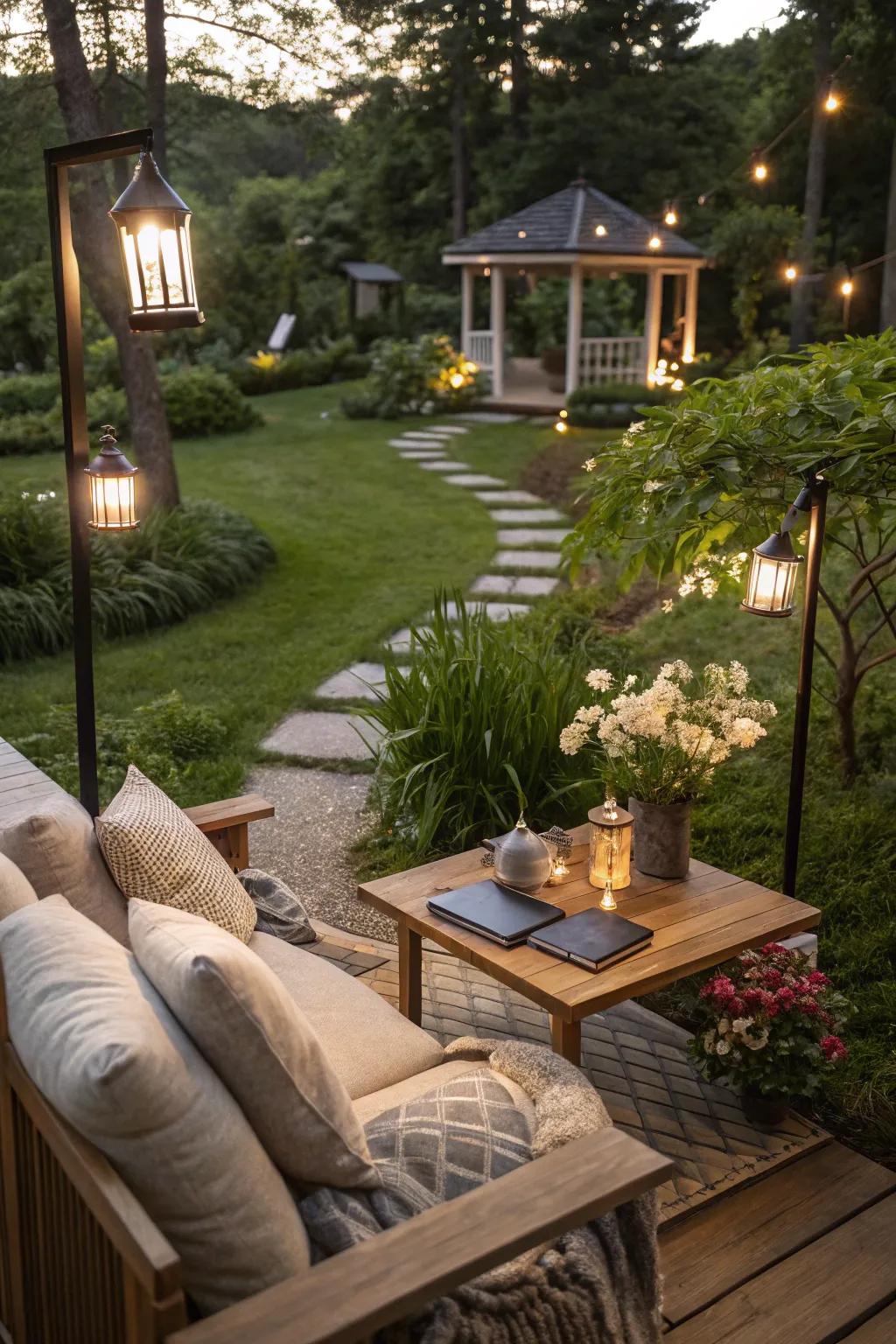 Lighting extends the usability of outdoor workspaces.