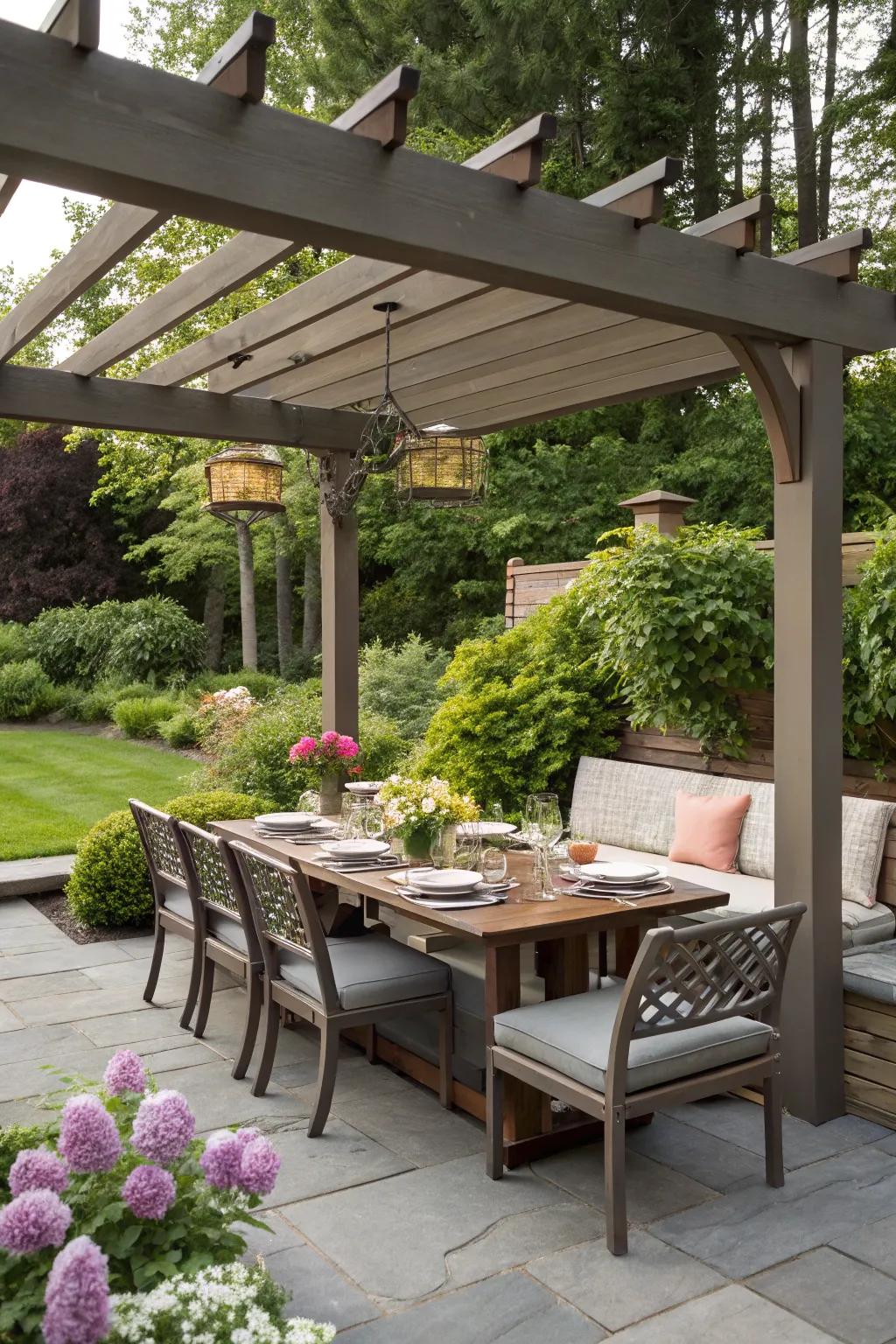 Built-in seating optimizes space and comfort under a pergola.