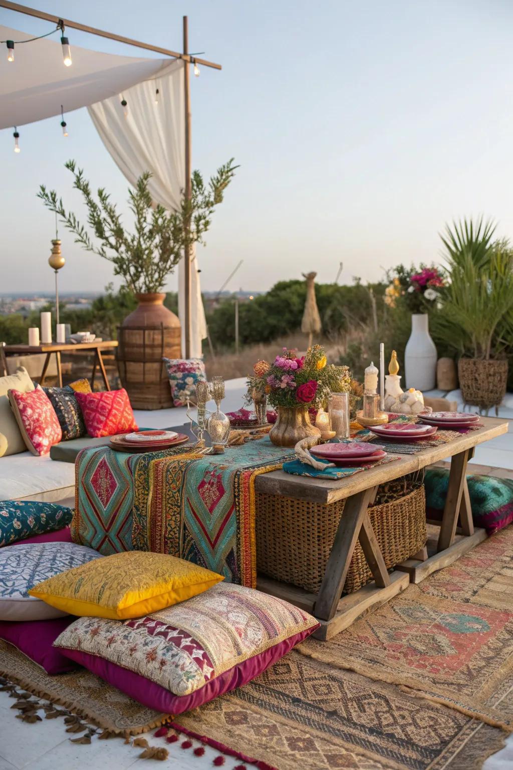 Express your creativity with a bohemian-inspired outdoor dining setup.