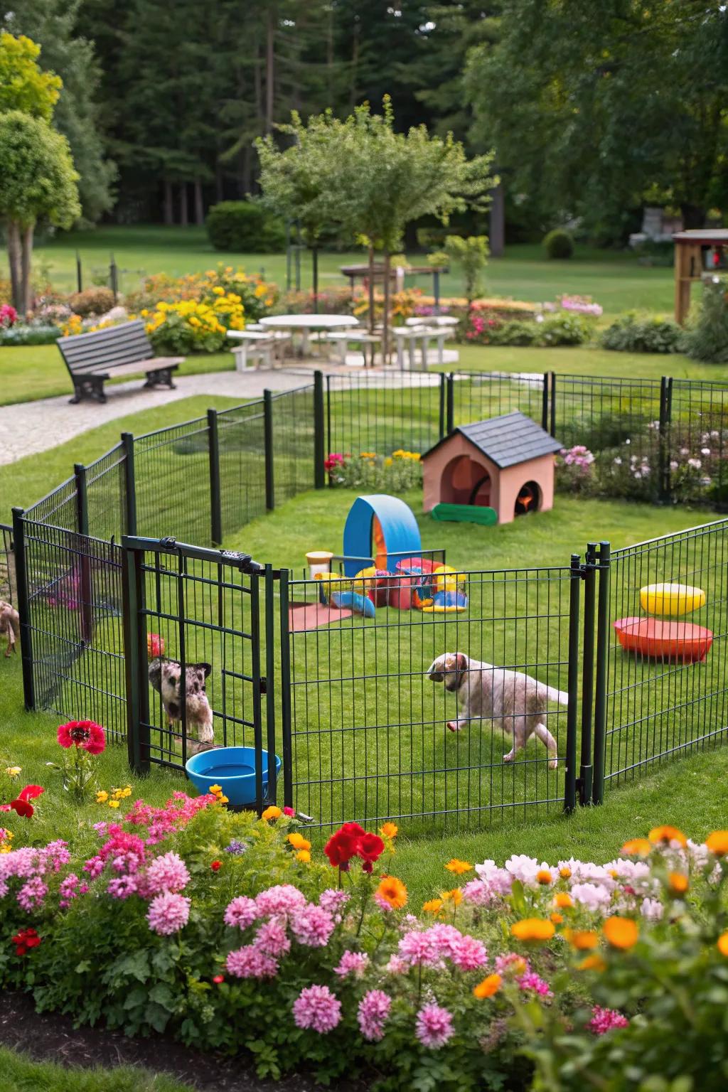 A playful dog pen with toys and play structures.