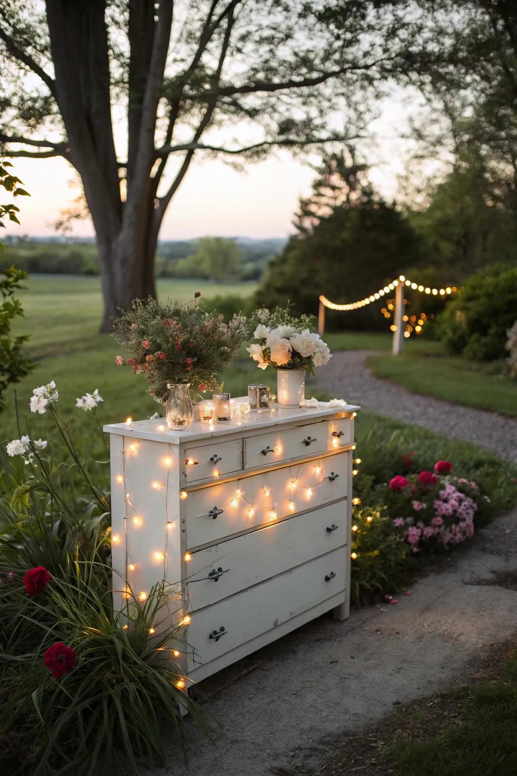 A dresser beautifully lit with decorative outdoor lights.