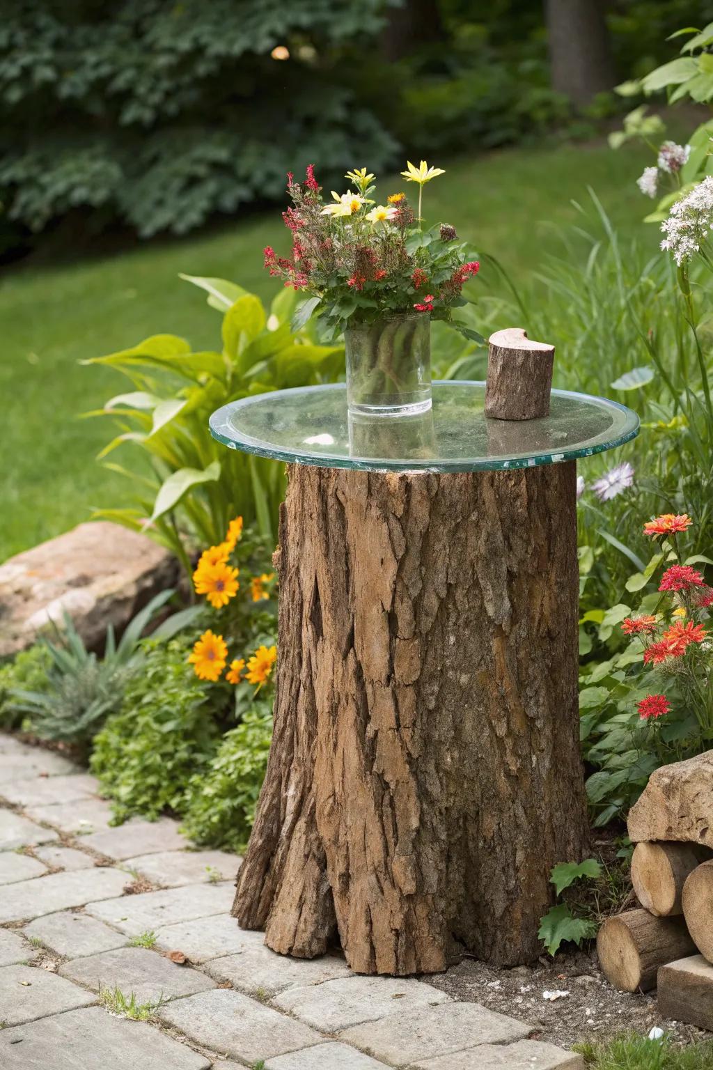 A tree stump table pays homage to nature’s beauty with a functional twist.