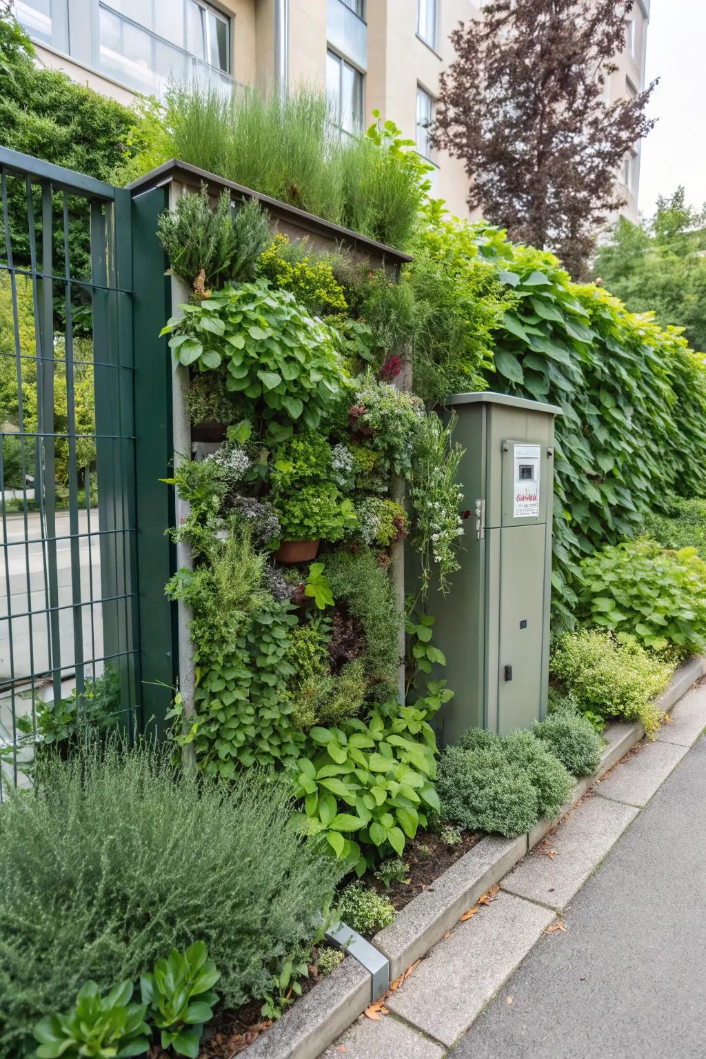 Vertical gardens offer a living, functional solution for hiding utility boxes.