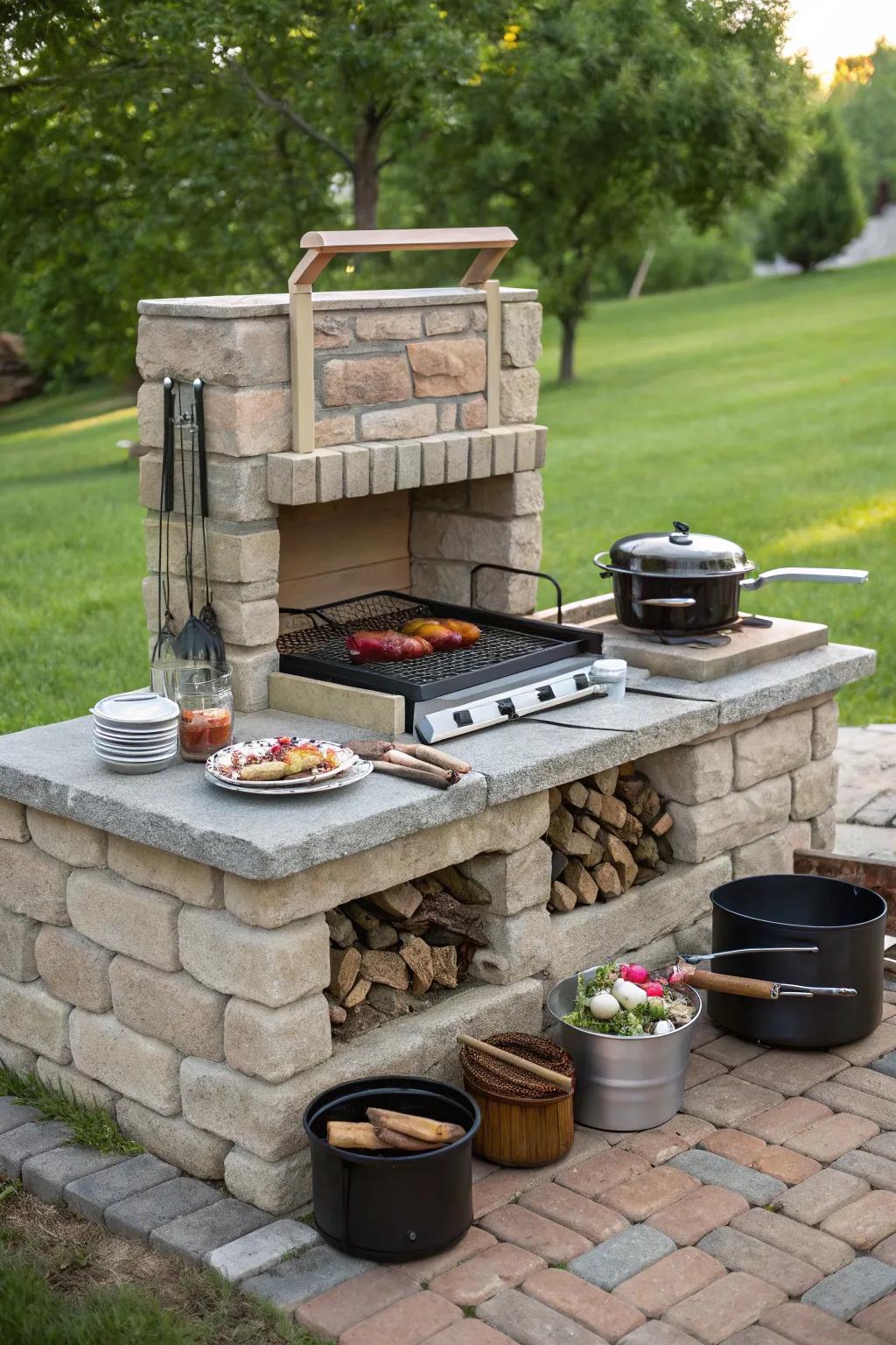 A fireplace that doubles as a cooking station.