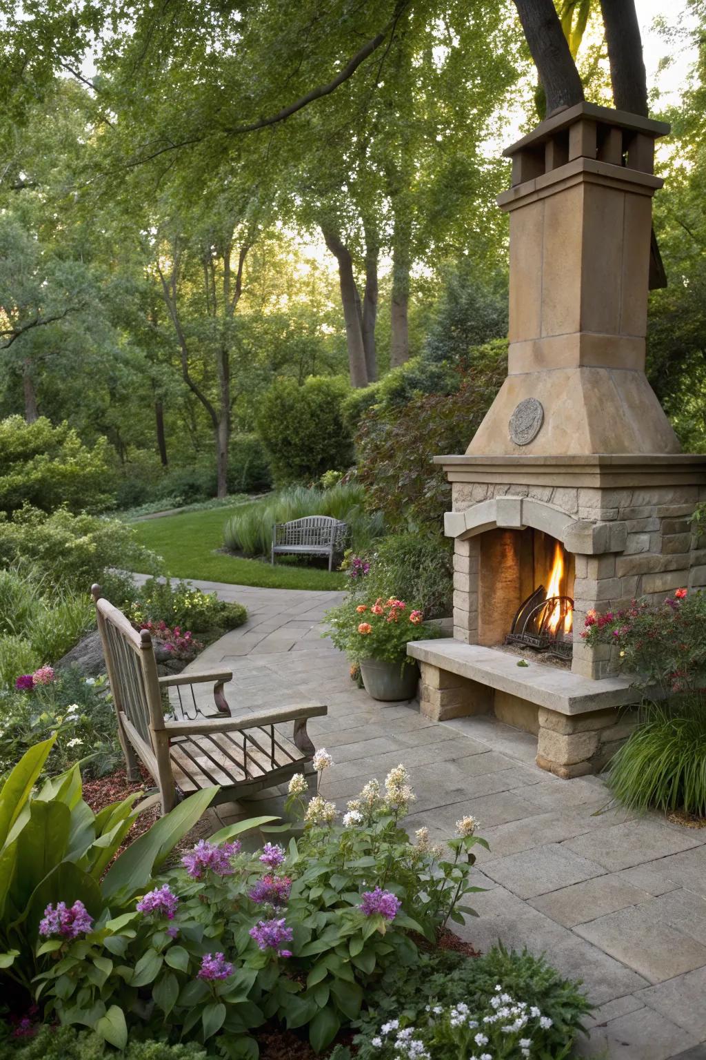 An inviting outdoor fireplace enveloped by vibrant garden greenery.