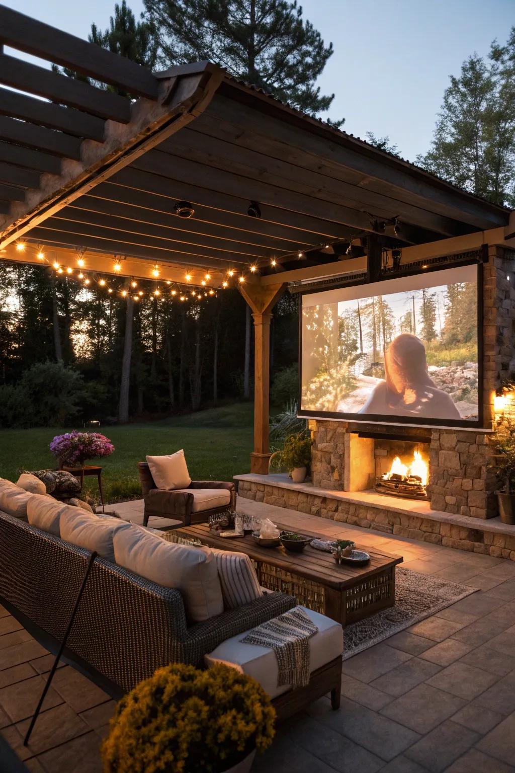 Enjoy movie nights outdoors with this cozy setup.