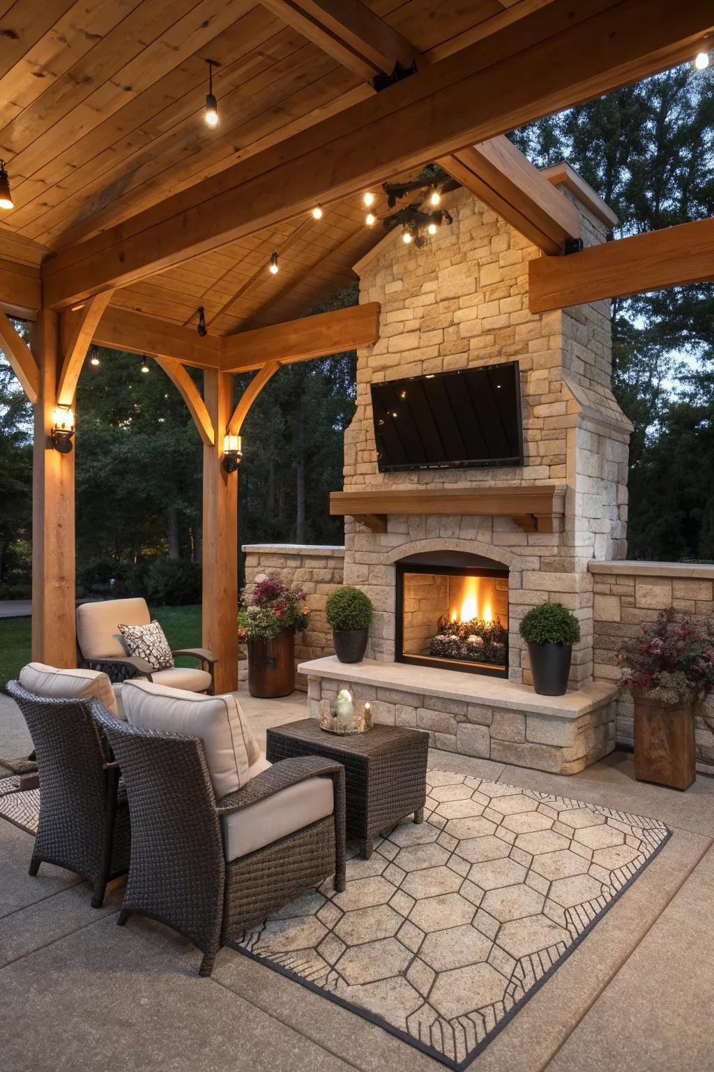 Rustic wood accents add warmth and charm to this outdoor setup.