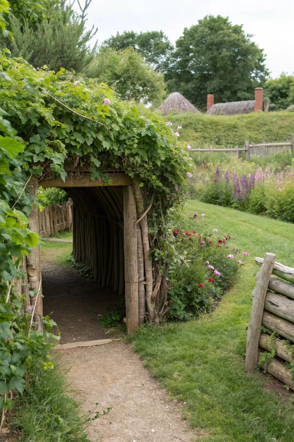 A secret tunnel entrance adding mystery and fun to an outdoor fort.
