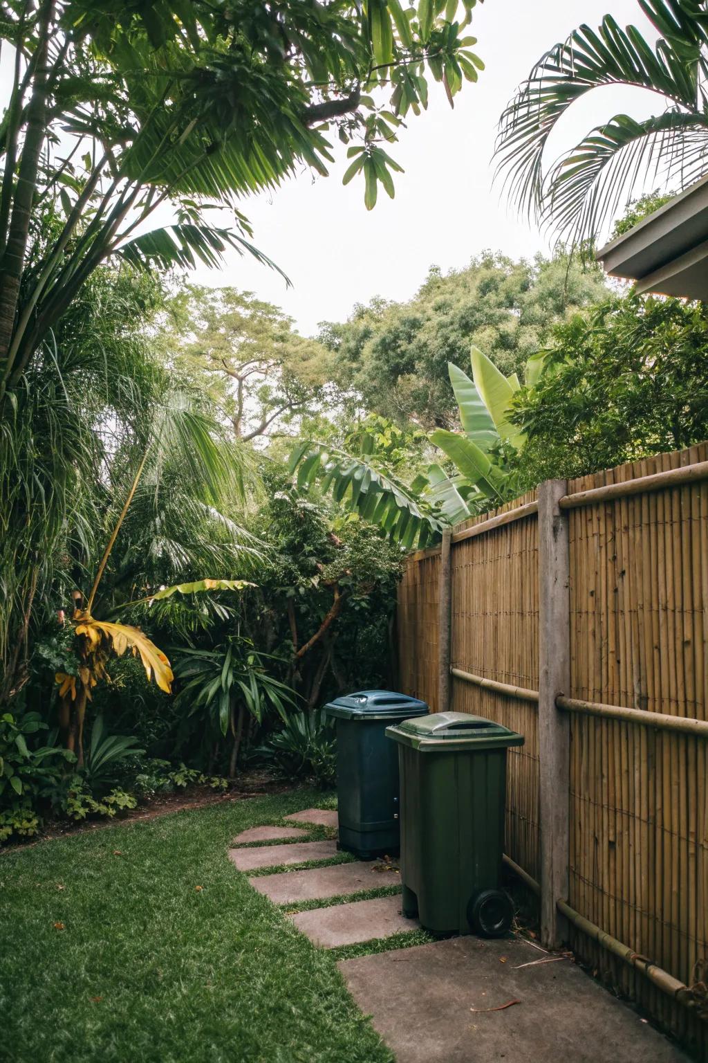 A bamboo fence adds an exotic touch while effectively hiding garbage bins.