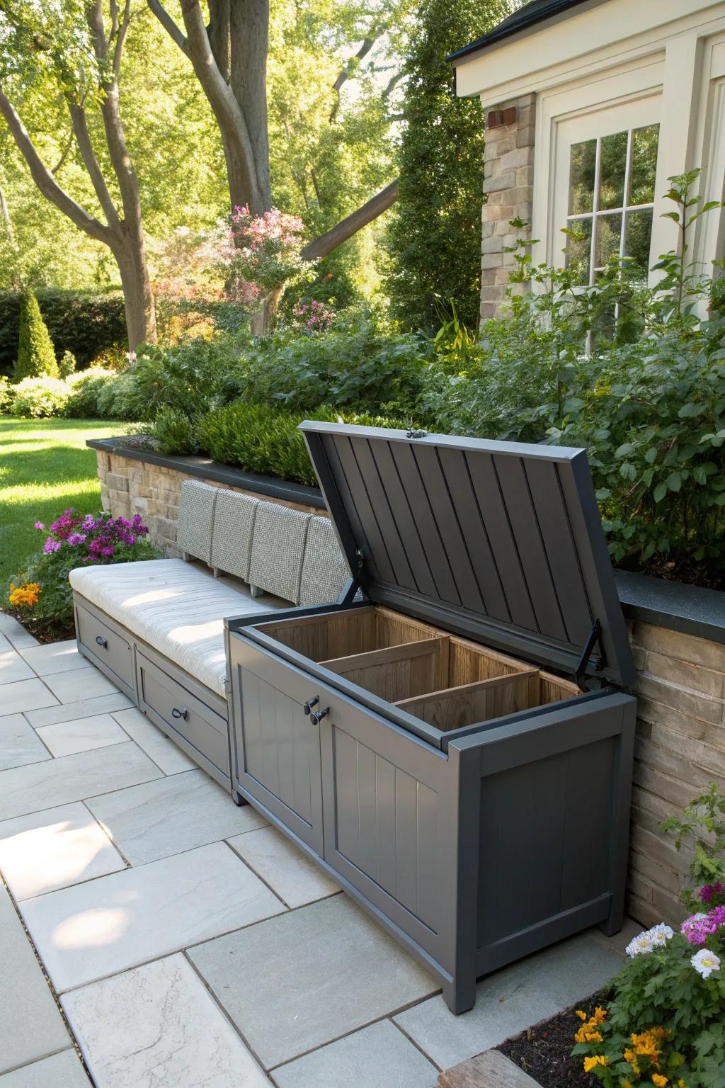 Outdoor furniture with hidden storage offers dual functionality.