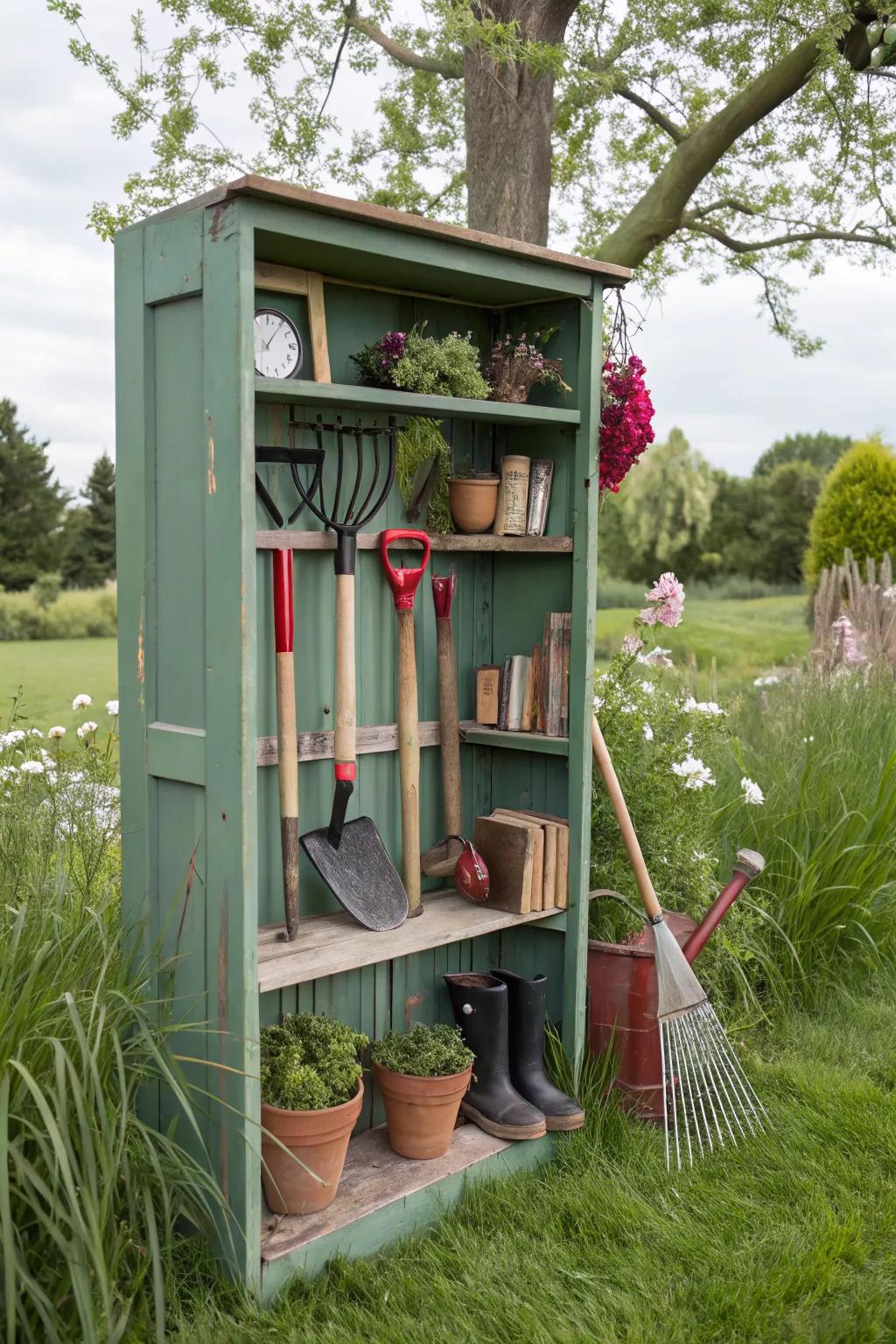 Repurposed bookshelves add character and storage to your garden.