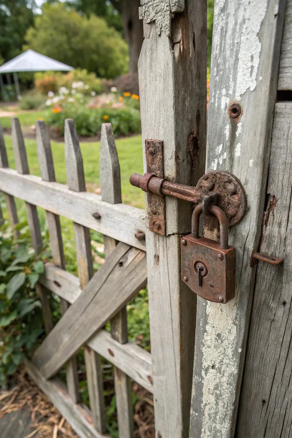 A vintage lock adding charm to a wooden gate.