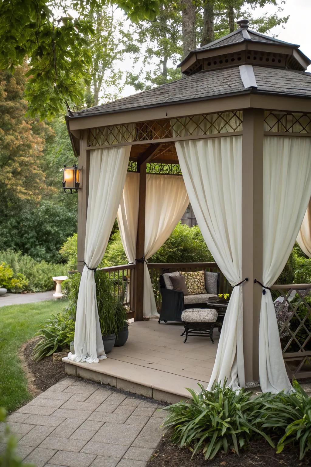 Outdoor curtains offer privacy and a cozy ambiance.
