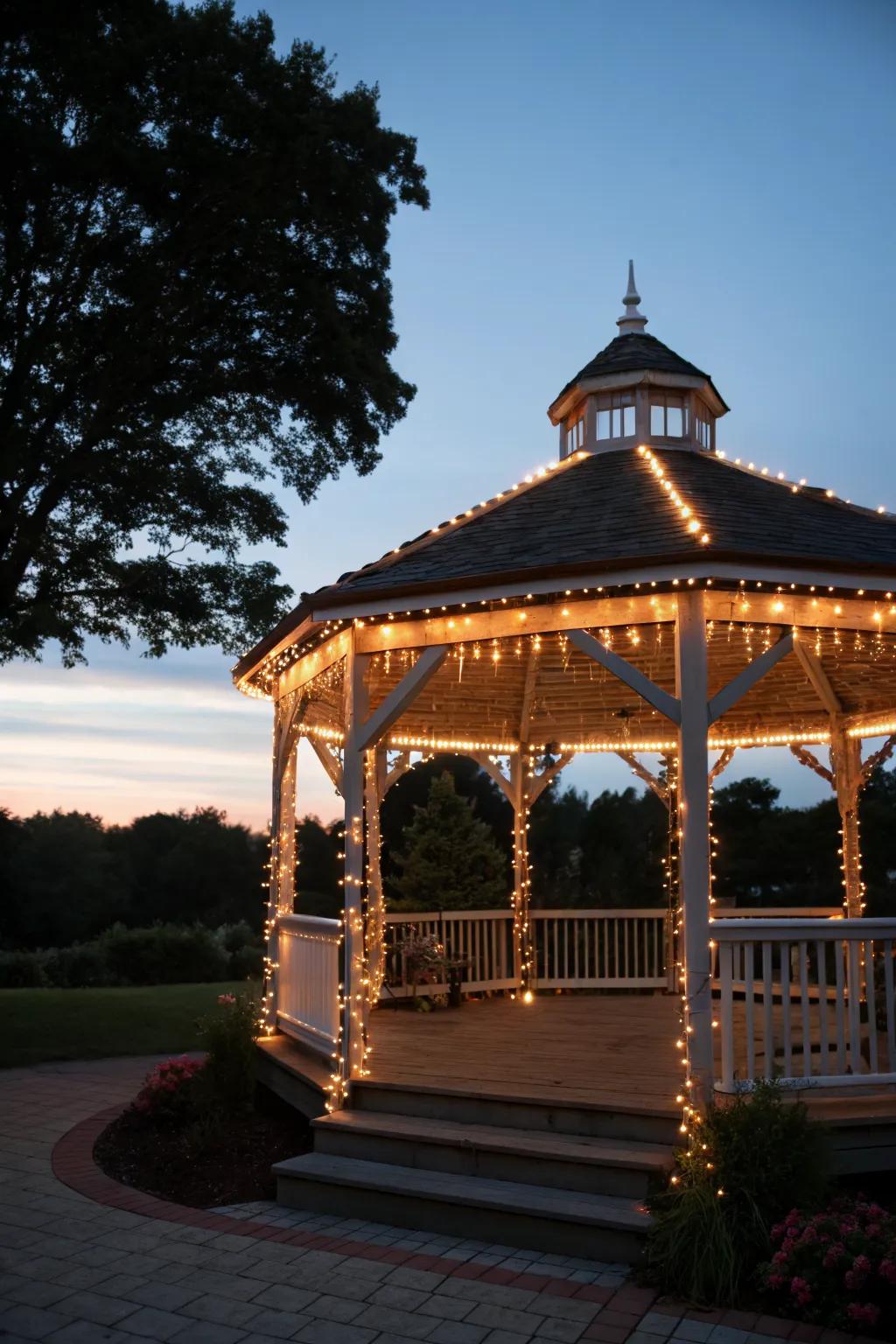 Rope lights offer durable charm and highlight the gazebo's structure.
