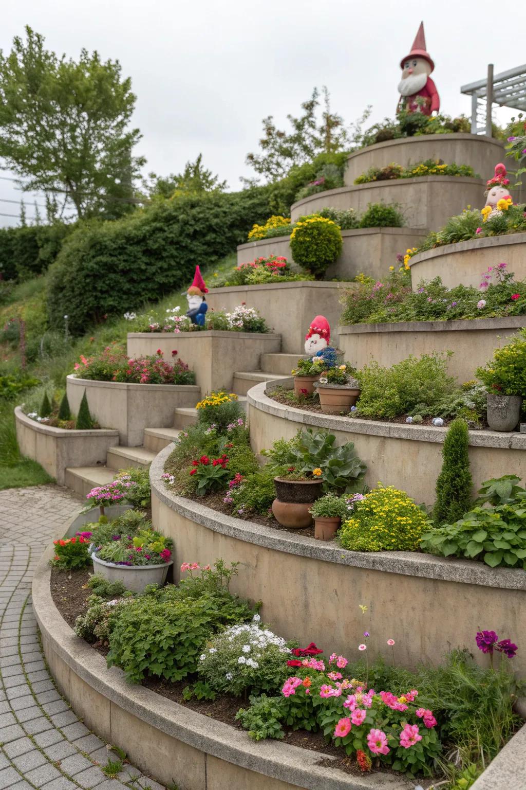 Multi-level scenes add depth and interest to a gnome garden.