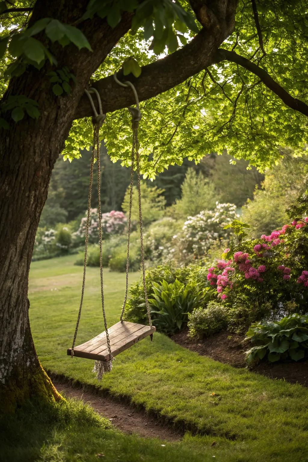 A garden swing is a charming addition to any outdoor setting.