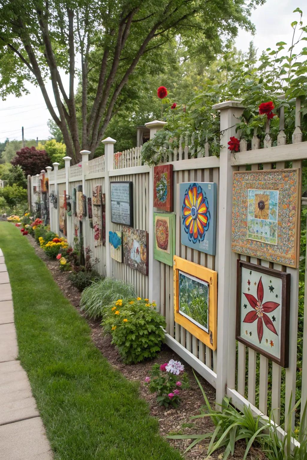 Outdoor art pieces add personality and vibrancy to the garden.