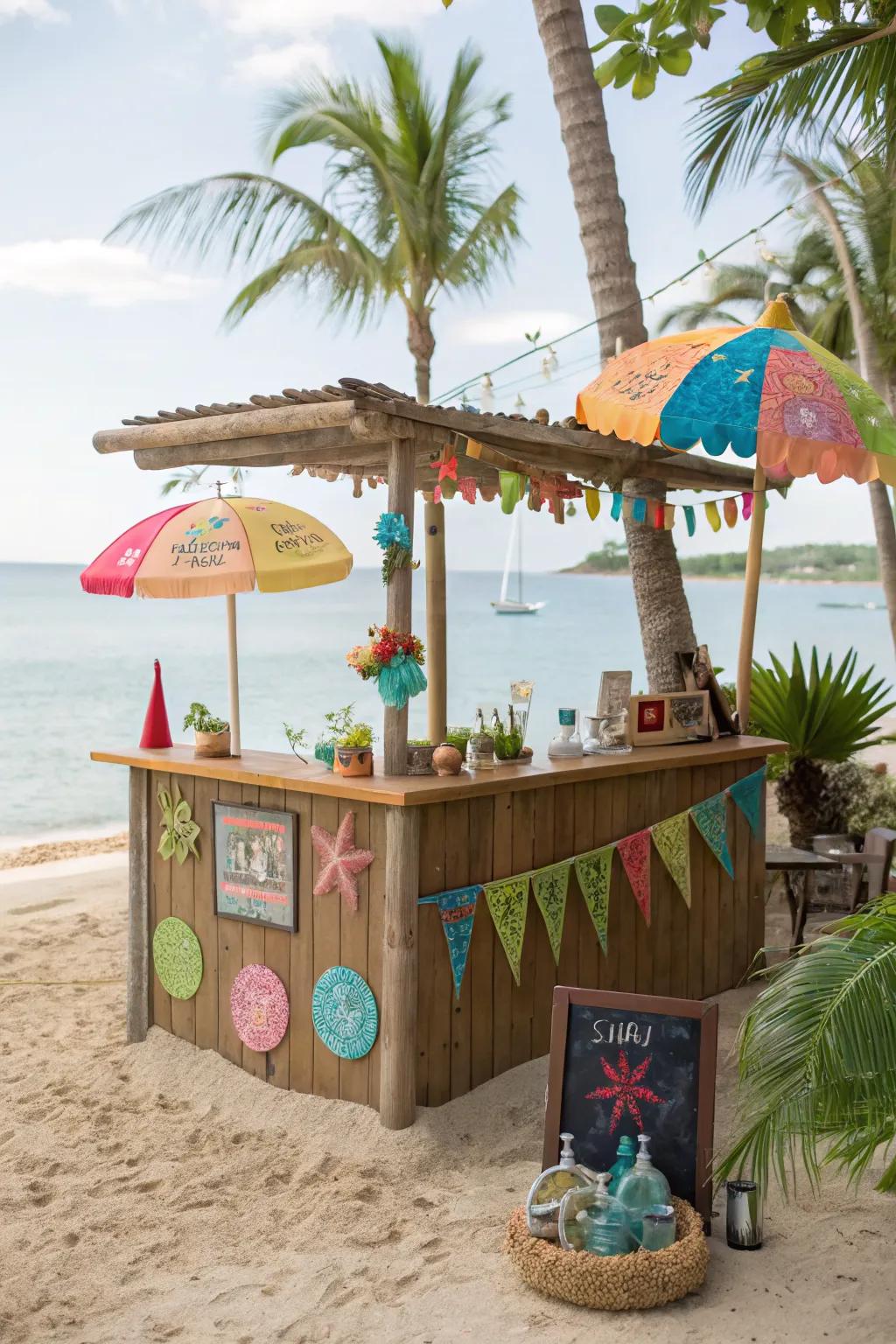 Outdoor island bar with personalized decor.