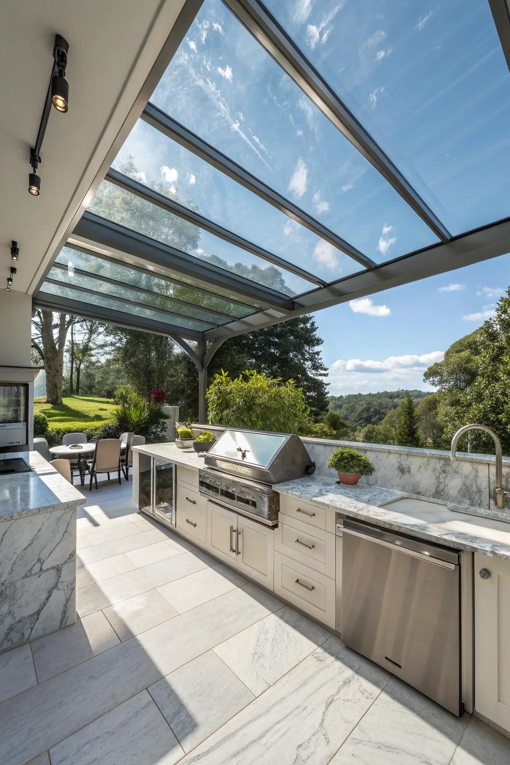 A retractable glass roof adds luxury and an open view to this outdoor kitchen.