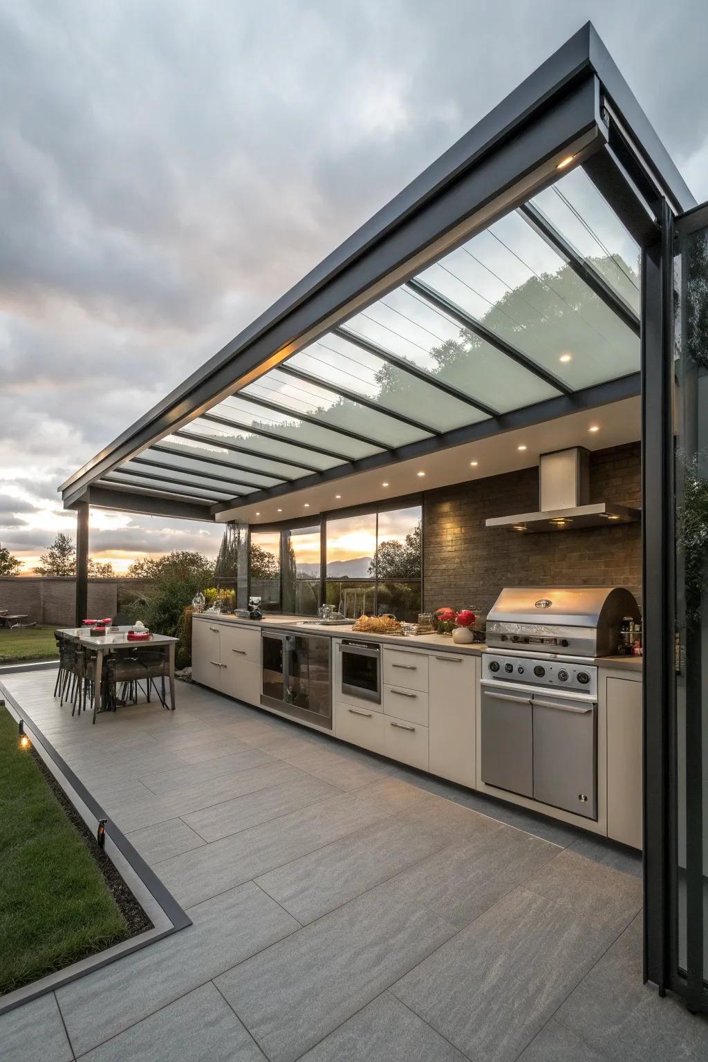 A retractable roof system offers flexibility for sun or shade in an outdoor kitchen.