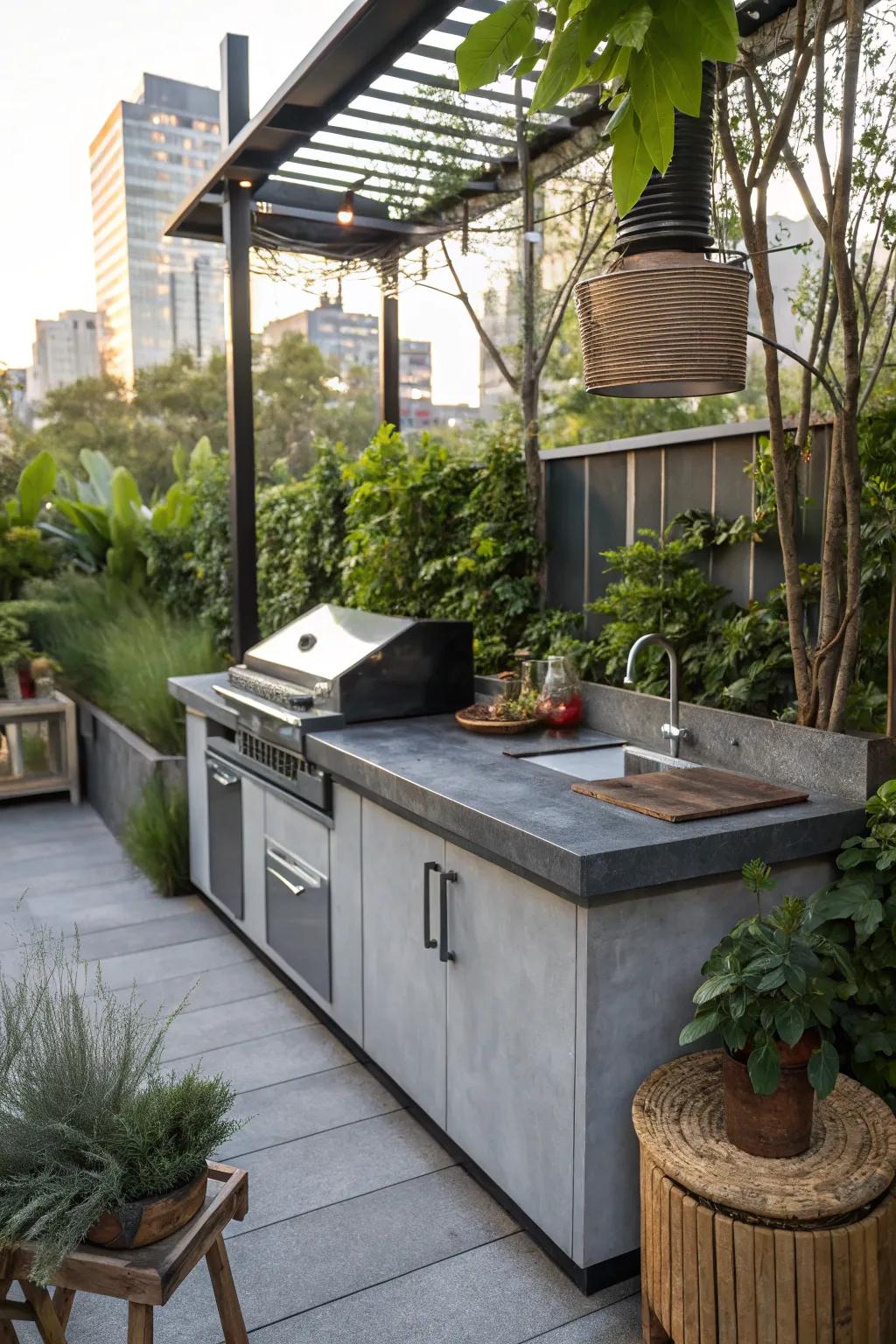 Metal countertops add an industrial chic appeal.