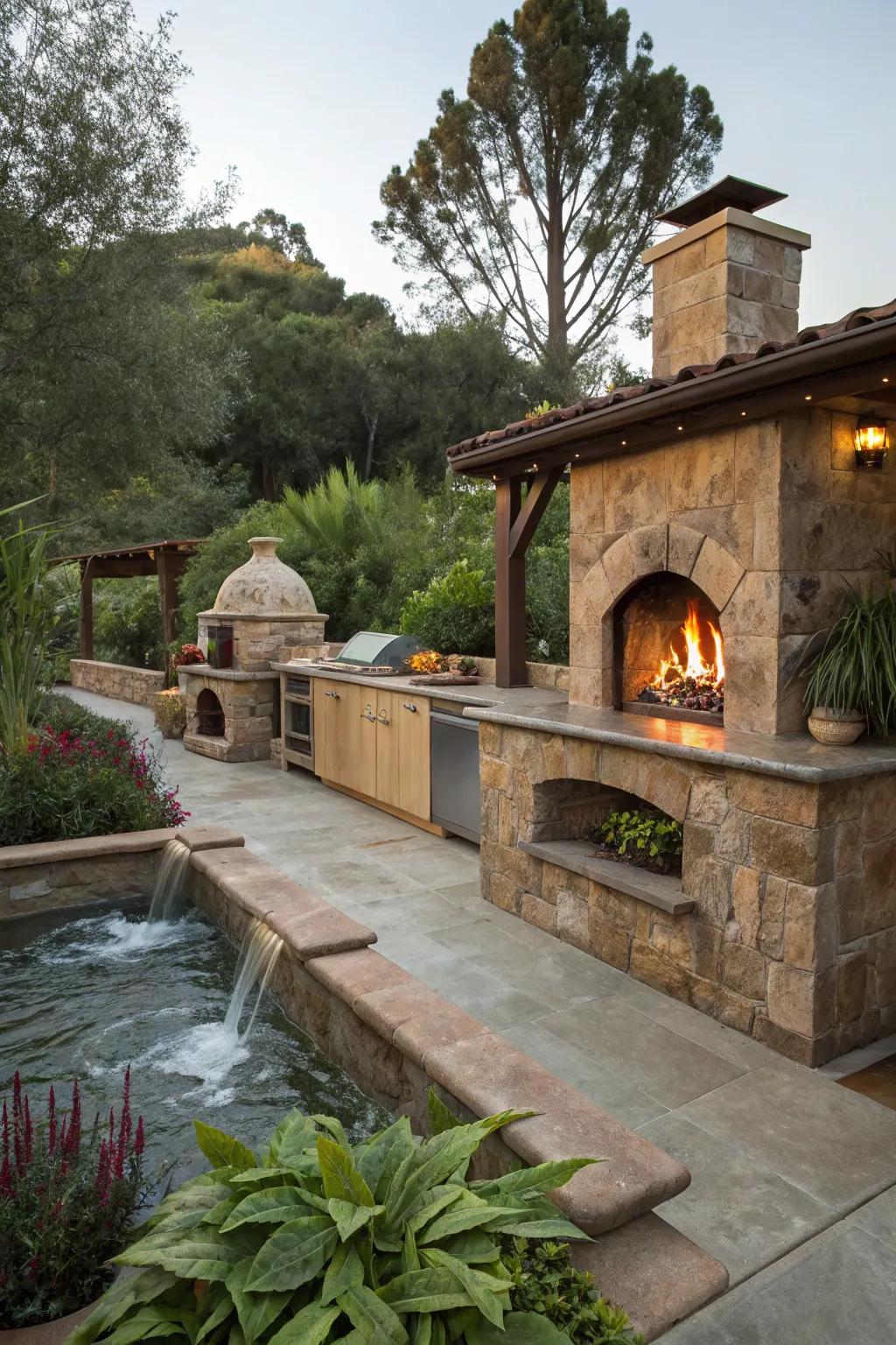 A tranquil outdoor kitchen featuring a fireplace paired with a calming water feature.
