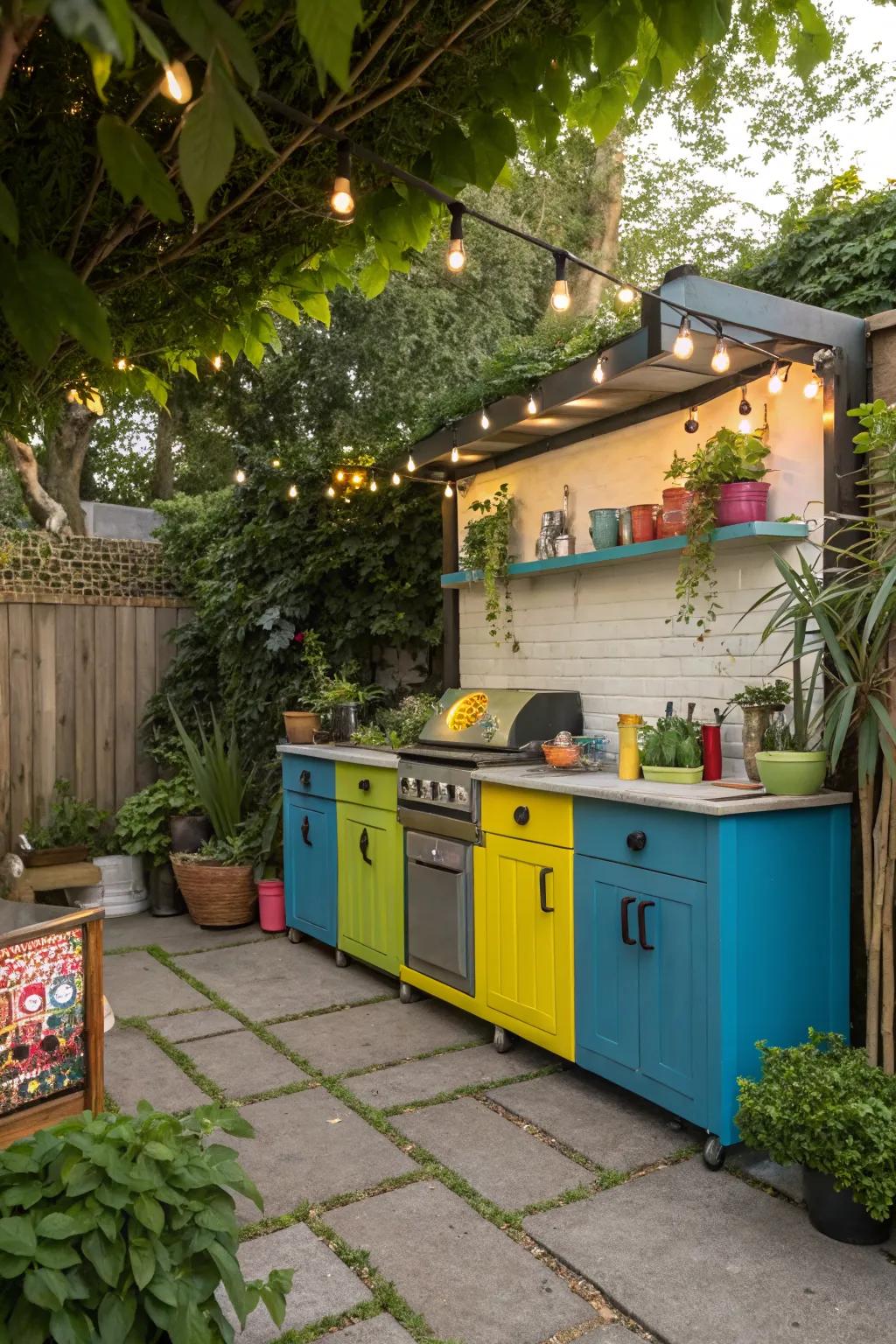A pop of color brings energy to a cozy outdoor kitchen.