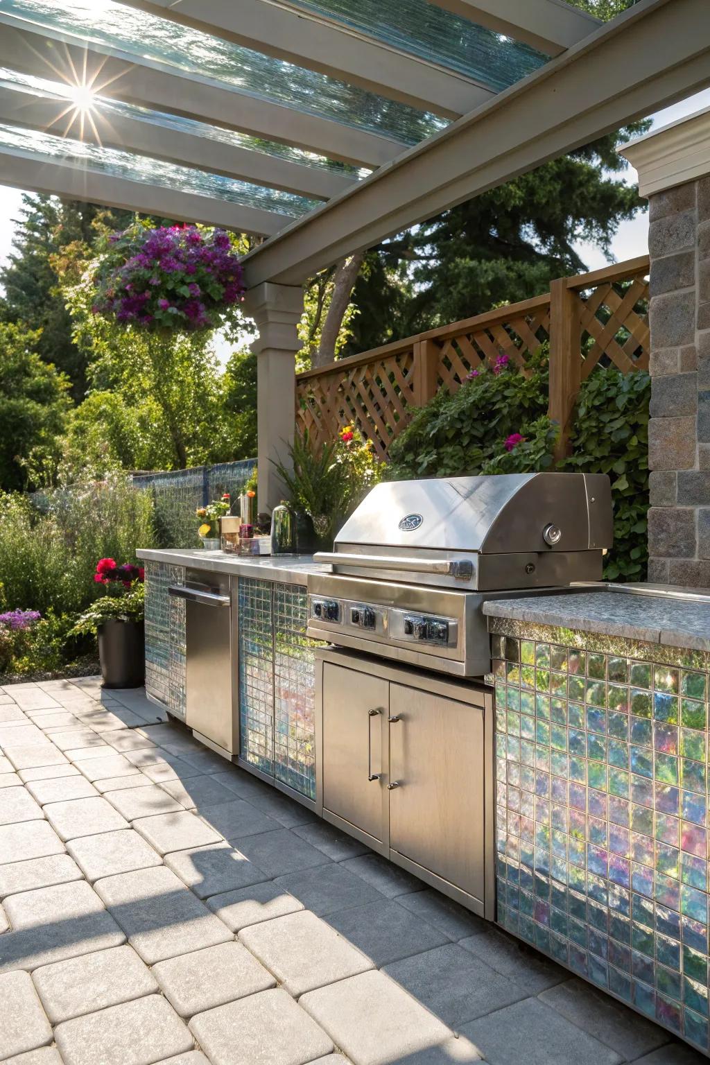 Glass tiles add a reflective and elegant shimmer to outdoor kitchens.