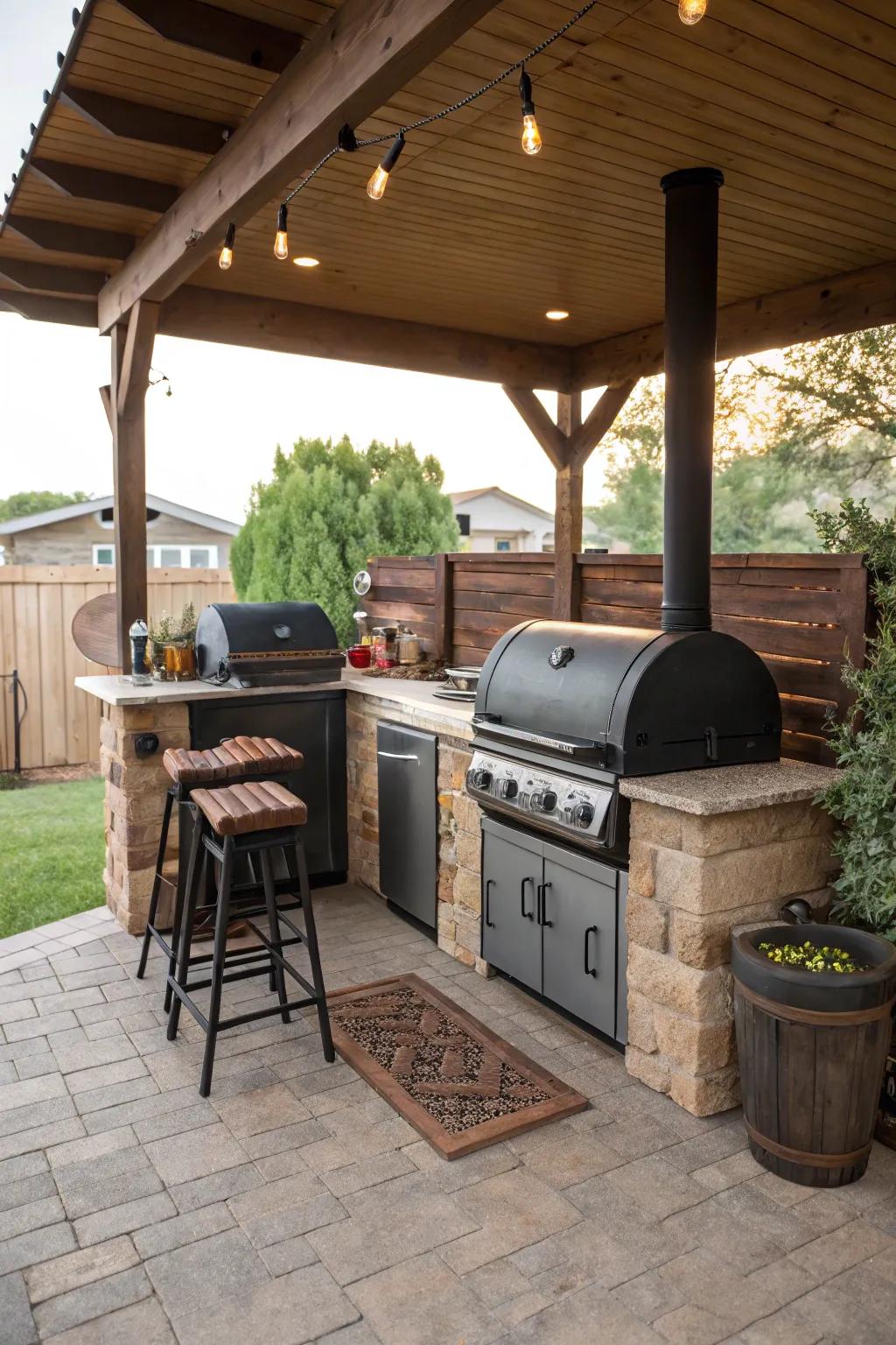 Efficient offset smoker station in an outdoor kitchen.