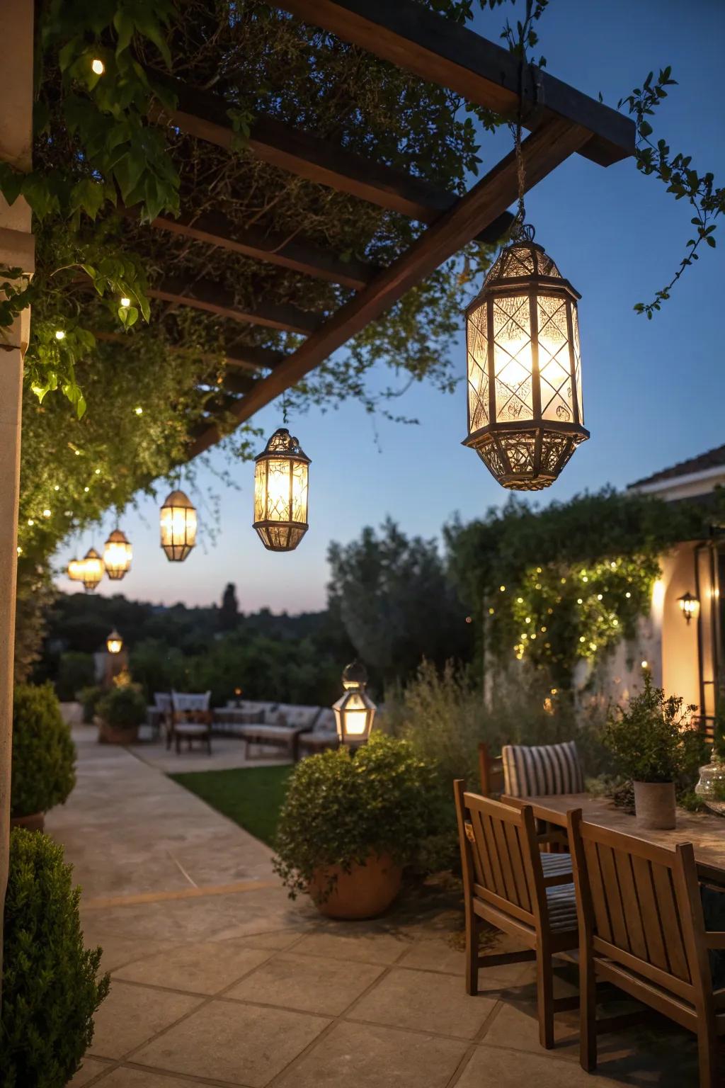 Timeless elegance with hanging lanterns.