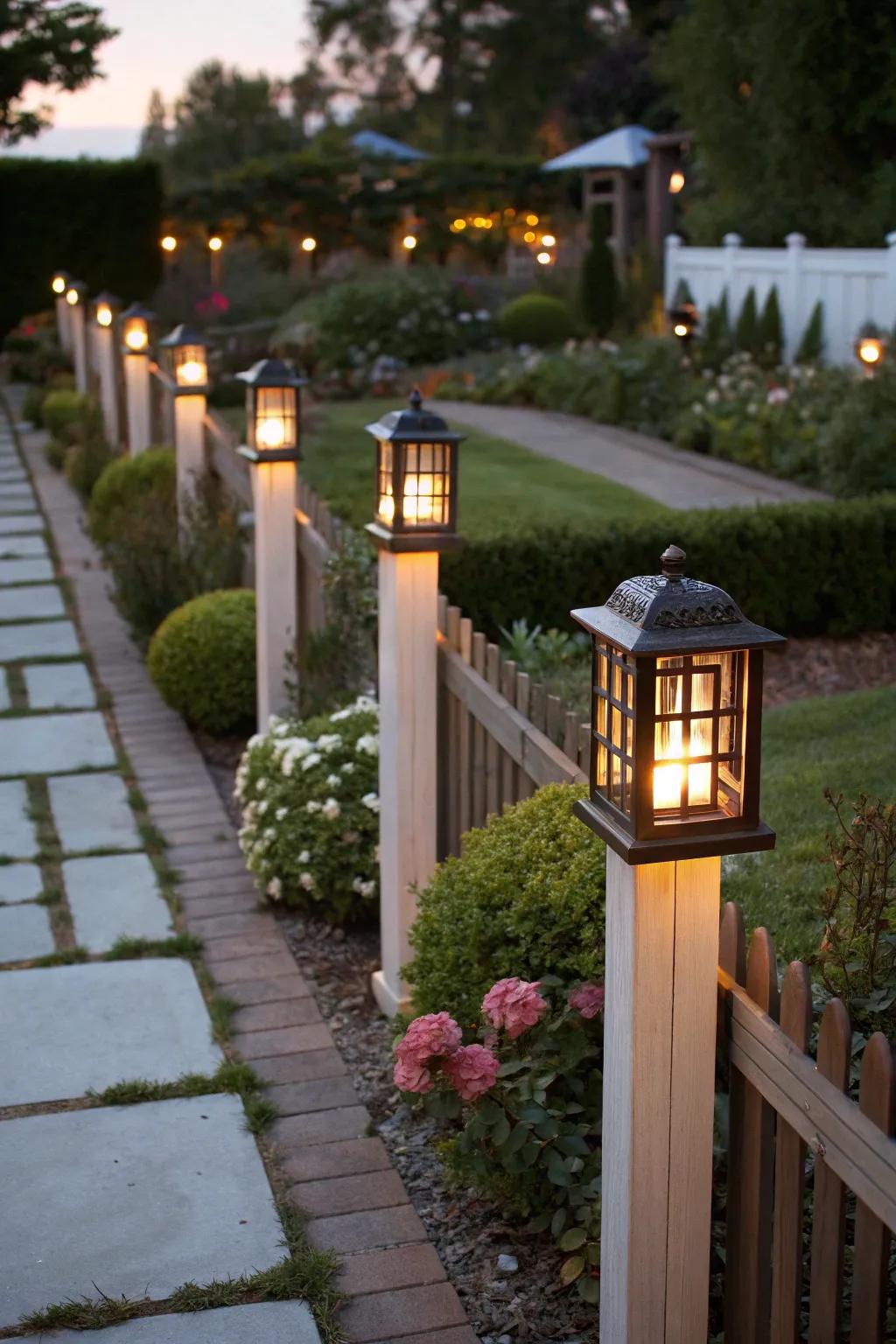 Add height with lanterns on fence posts.