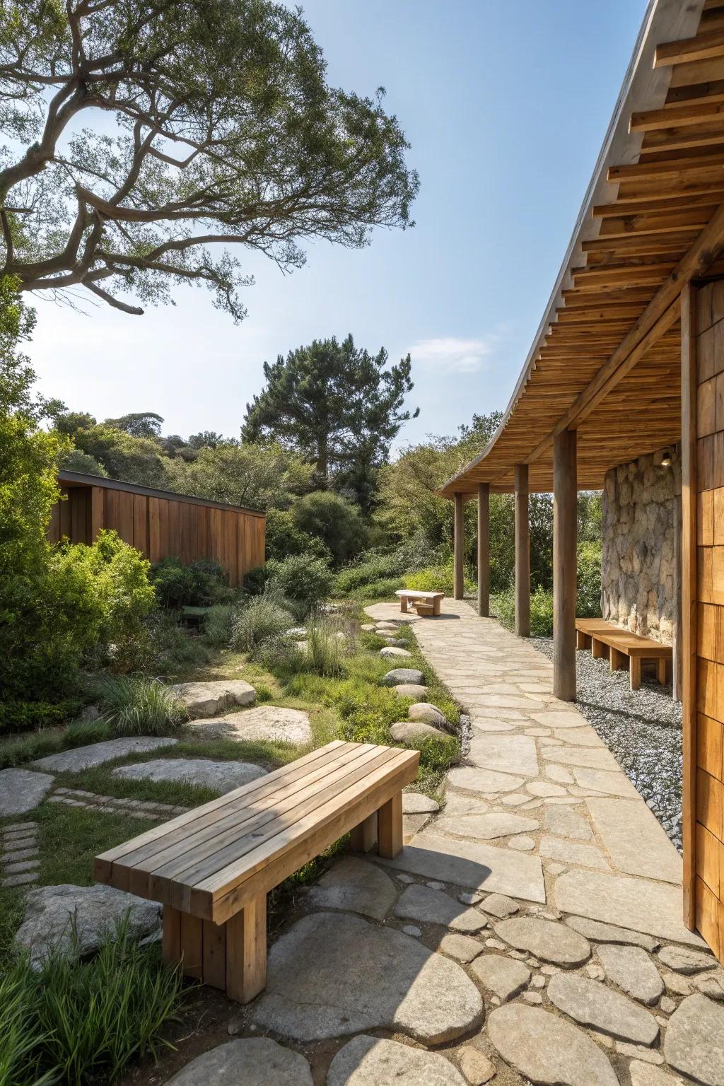 Natural materials add warmth and authenticity to outdoor spaces.