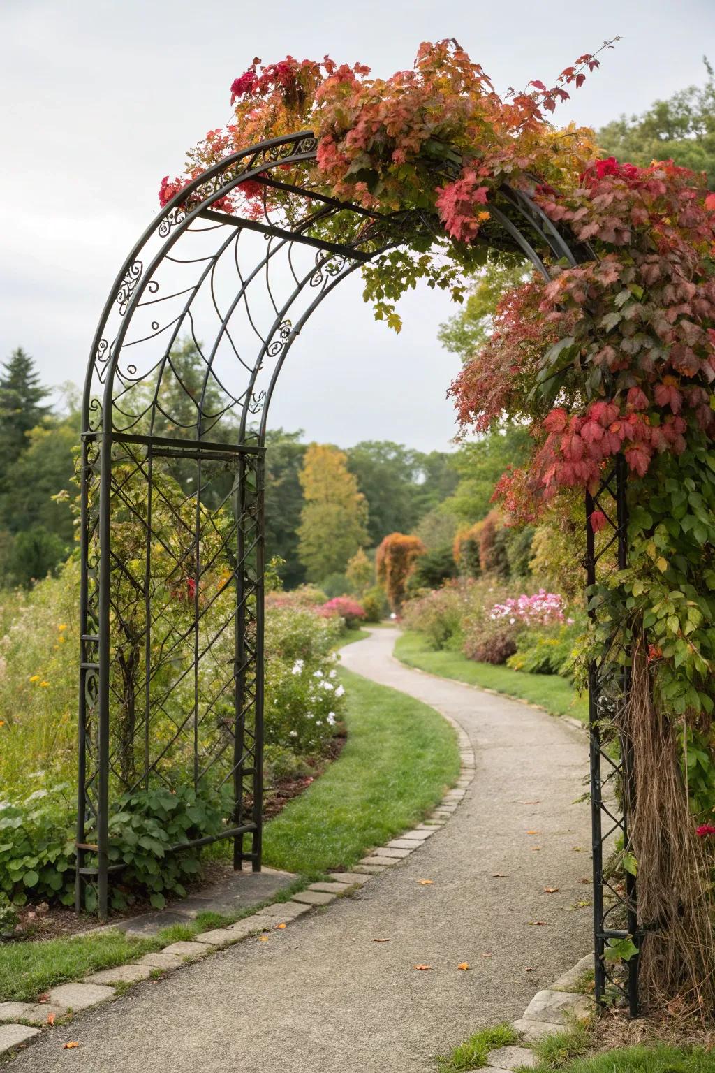 Grand garden entrance with the decorative iron arch.