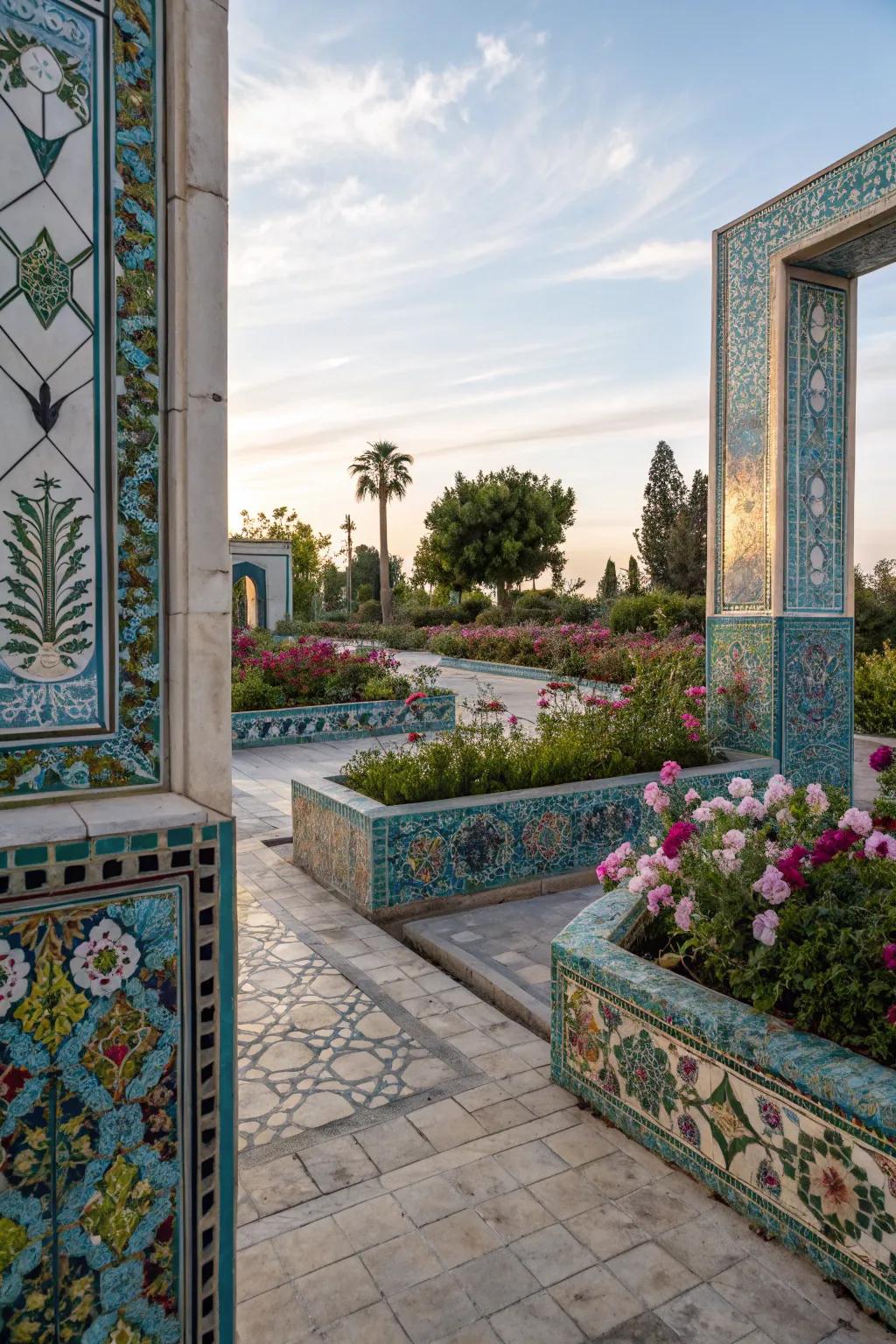 Artistic mosaic borders that elegantly define garden spaces.
