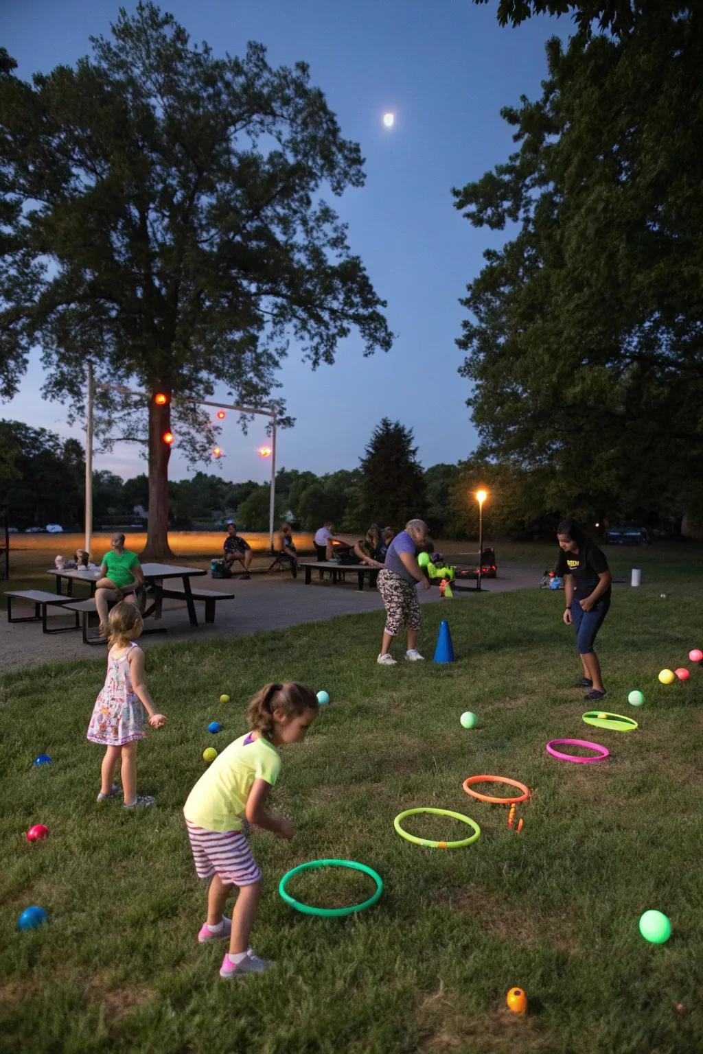 Glow-in-the-dark games keep the excitement alive.