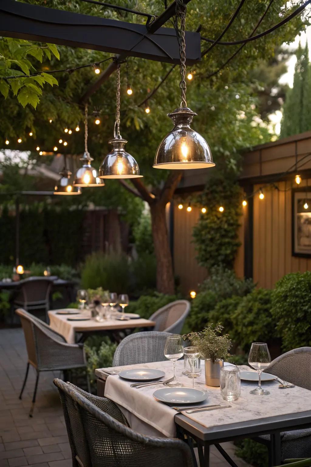 Create a bistro vibe with metallic pendants.