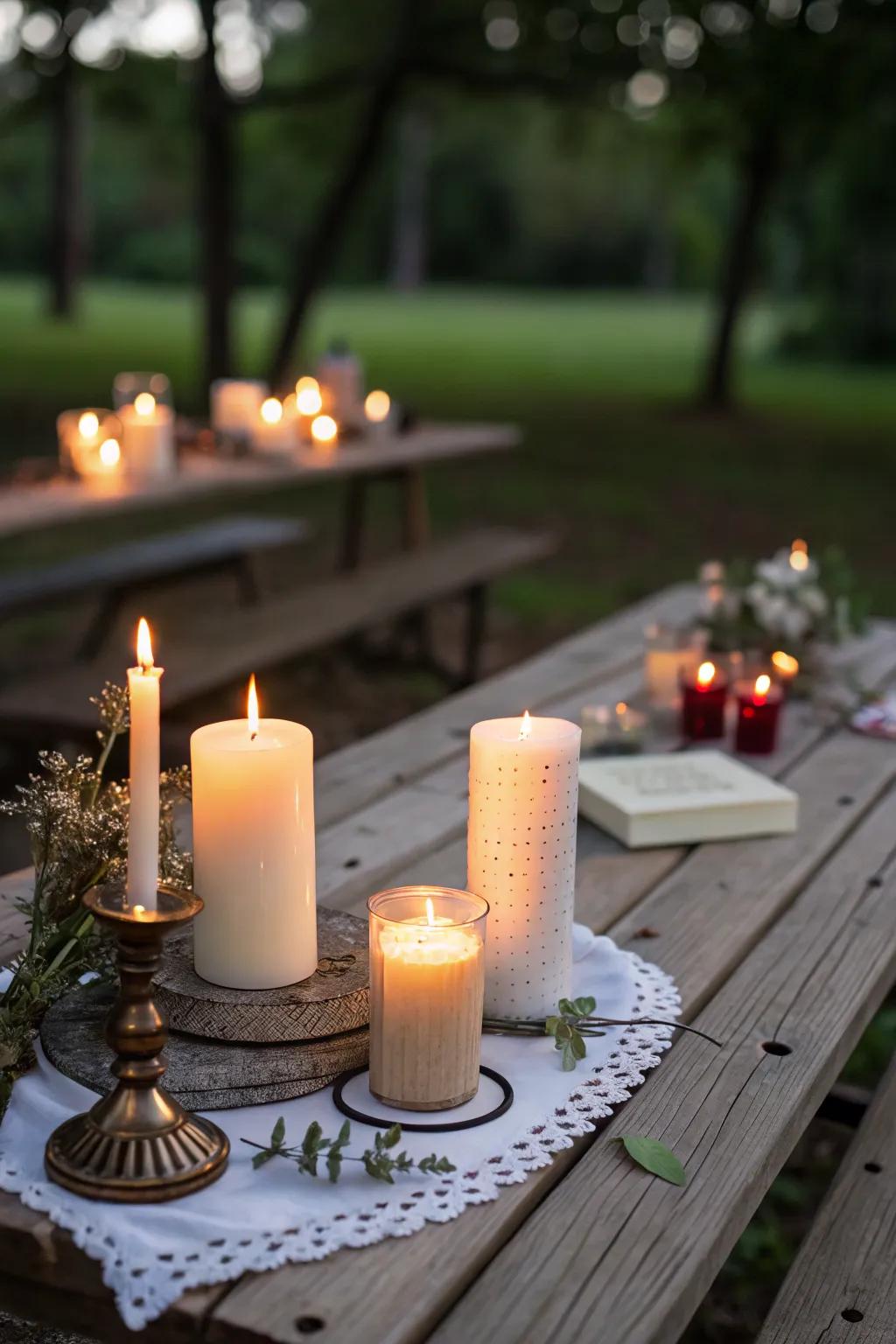 Layered candles add warmth and romance to the picnic.