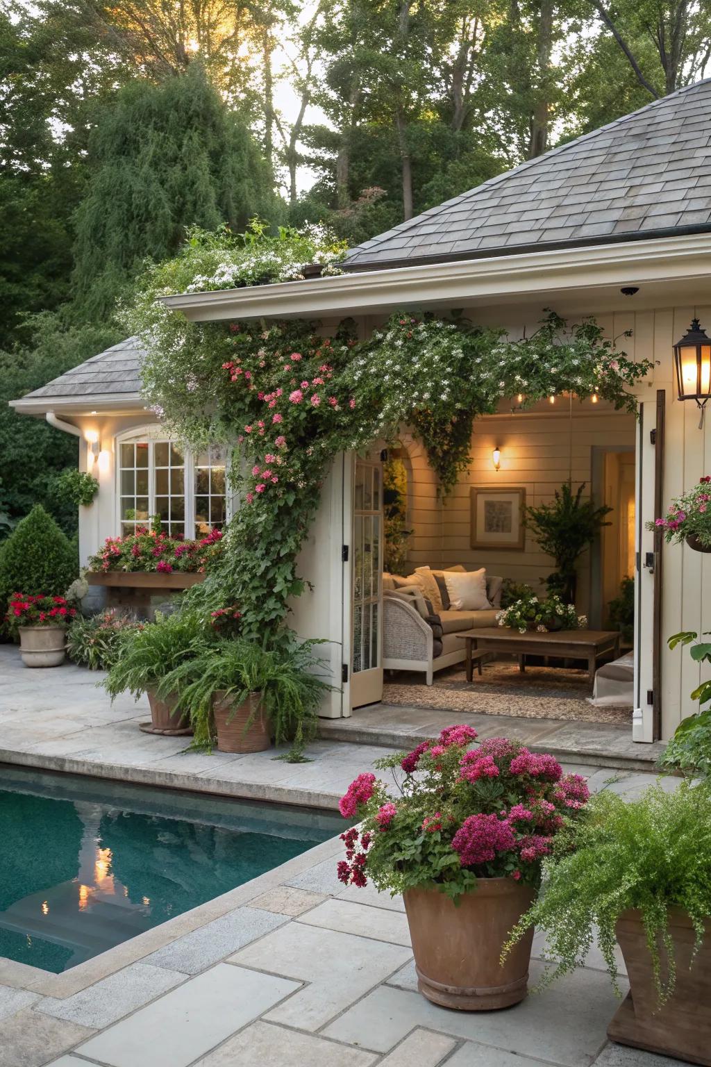 Garden-inspired decor with potted plants and flowers in a pool house.